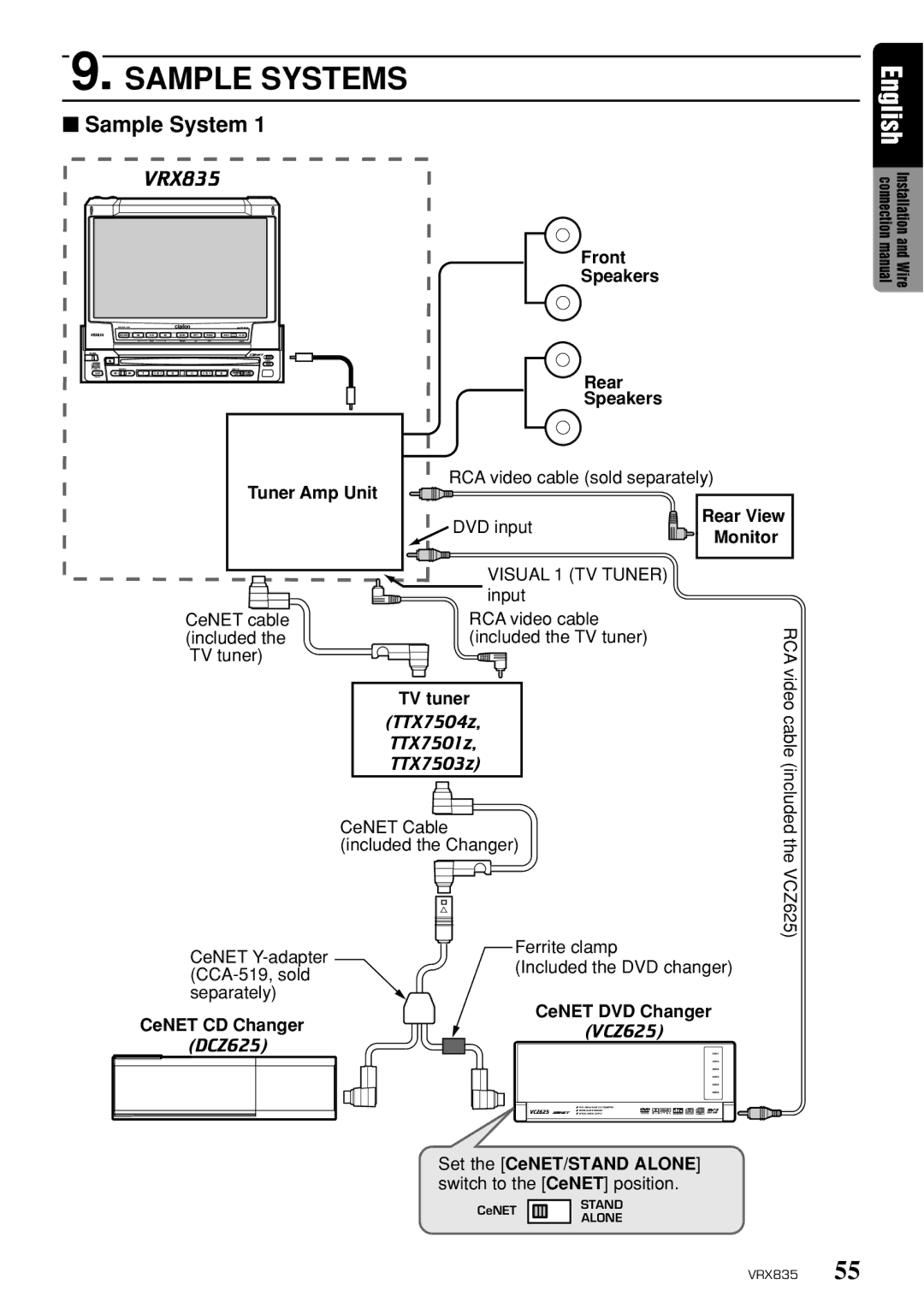 Clarion VRX835 owner manual Front Speakers Rear, Rear View, Monitor, TV tuner, CeNET CD Changer, Set the CeNET/STAND Alone 