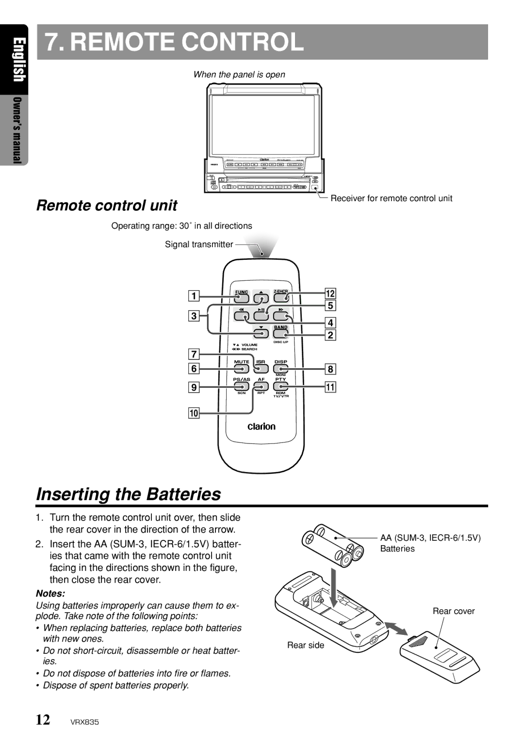 Clarion VRX835 owner manual Remote Control, Inserting the Batteries 