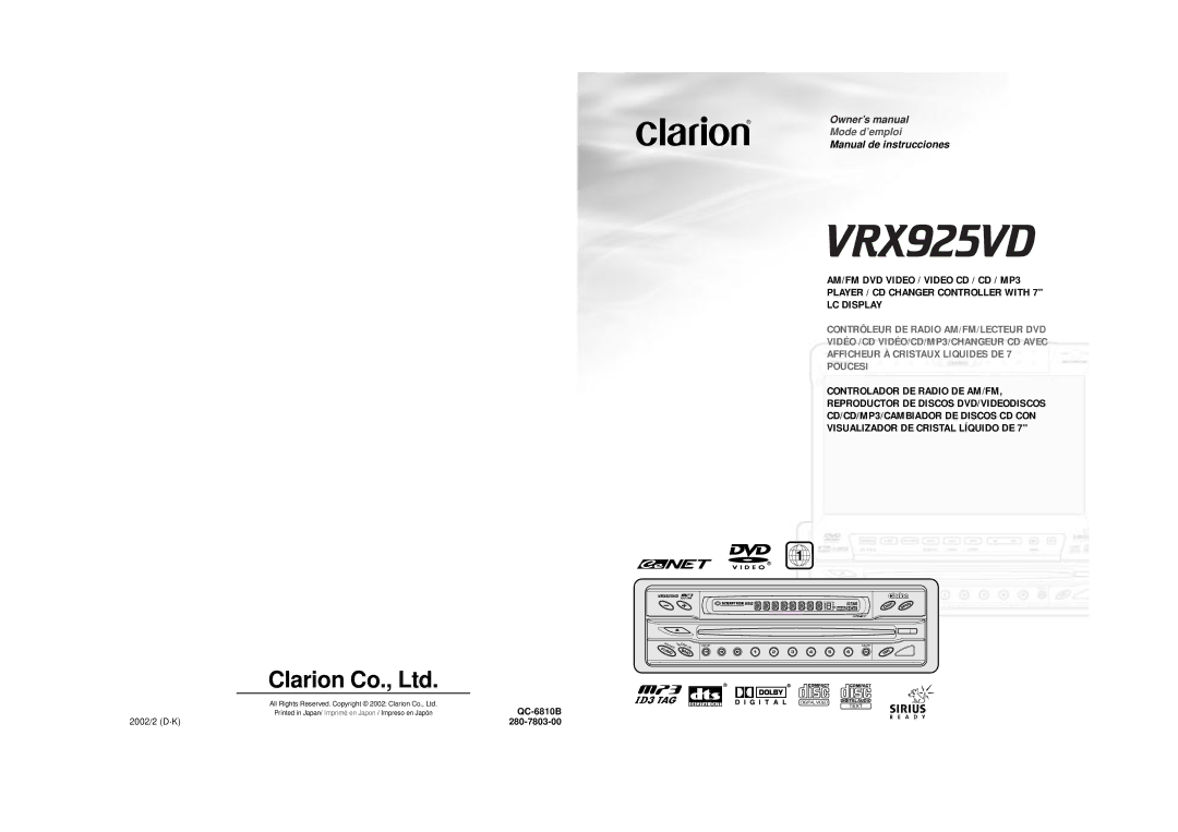 Clarion VRX925VD owner manual 2002/2 D·K 