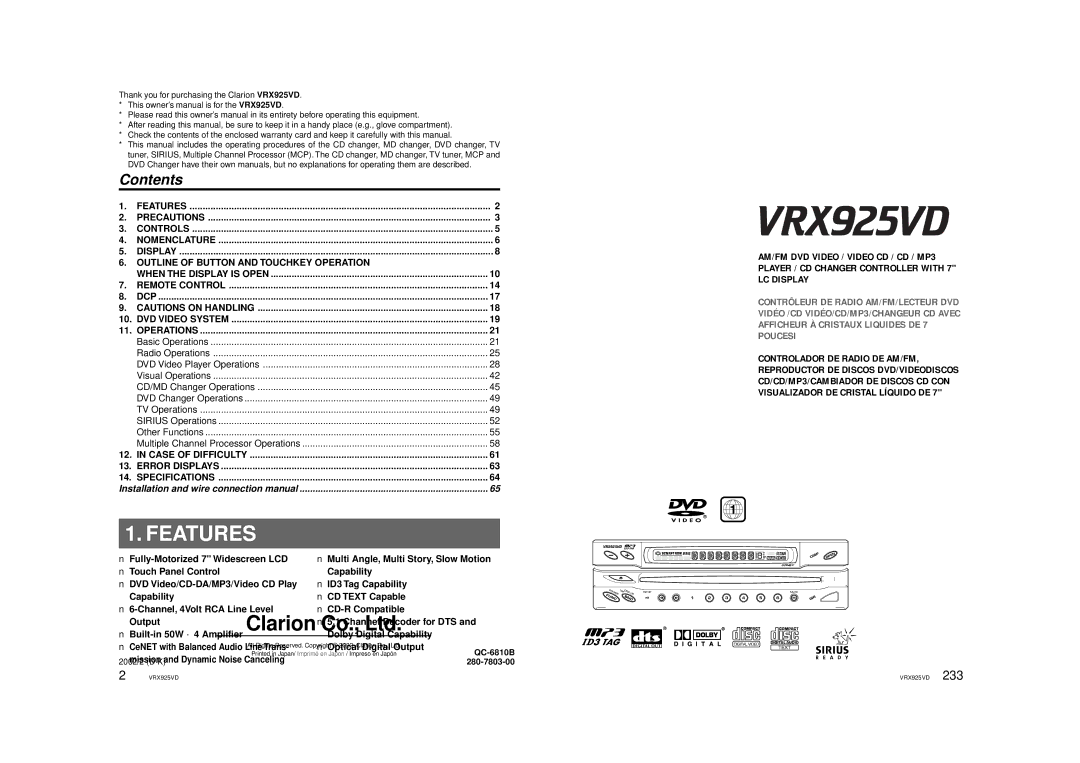 Clarion VRX925VD owner manual Features 