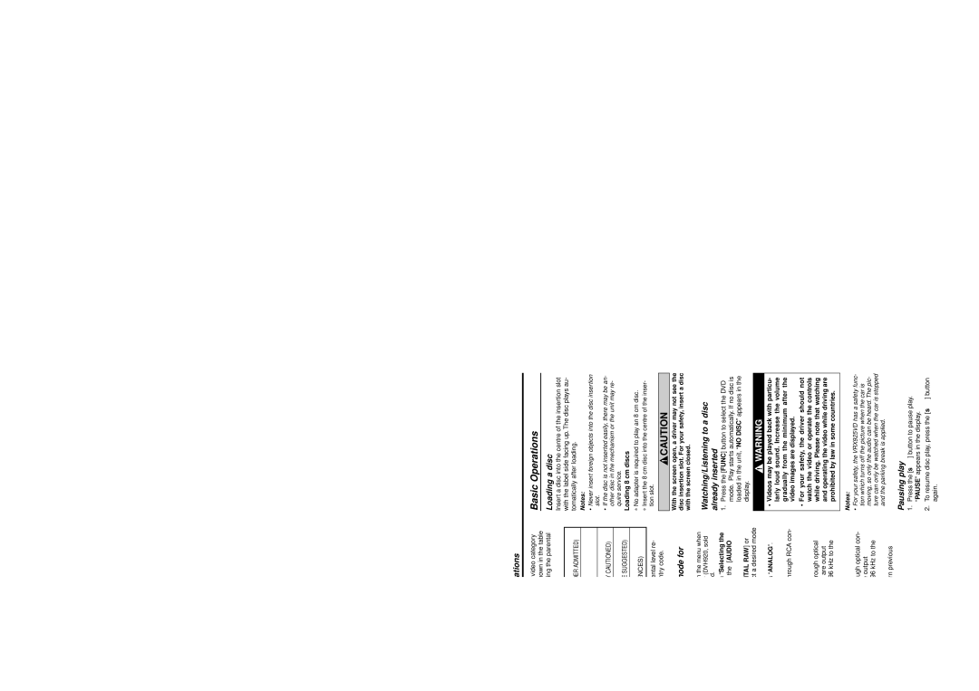 Clarion VRX925VD owner manual Basic Operations, Setting up the output mode for audio signals, Loading a disc, Pausing play 