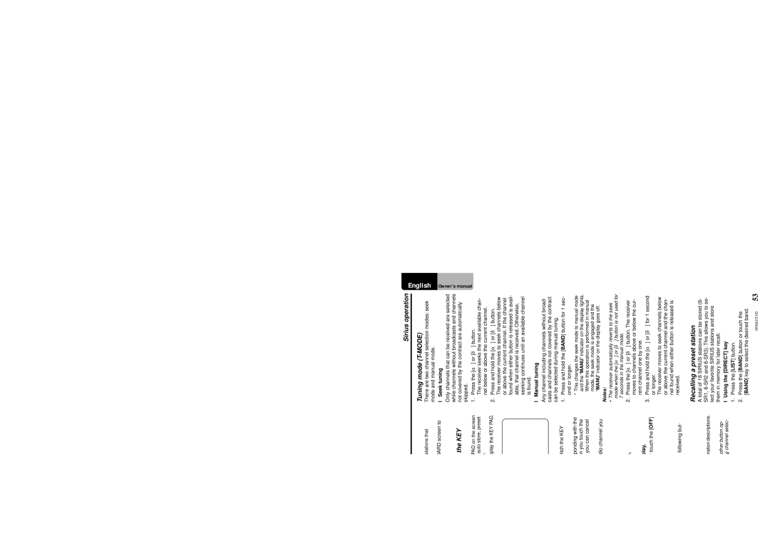 Clarion VRX925VD Sirius operation Displaying radio text, Channel selection, Seek tuning, Selecting channels, Manual tuning 