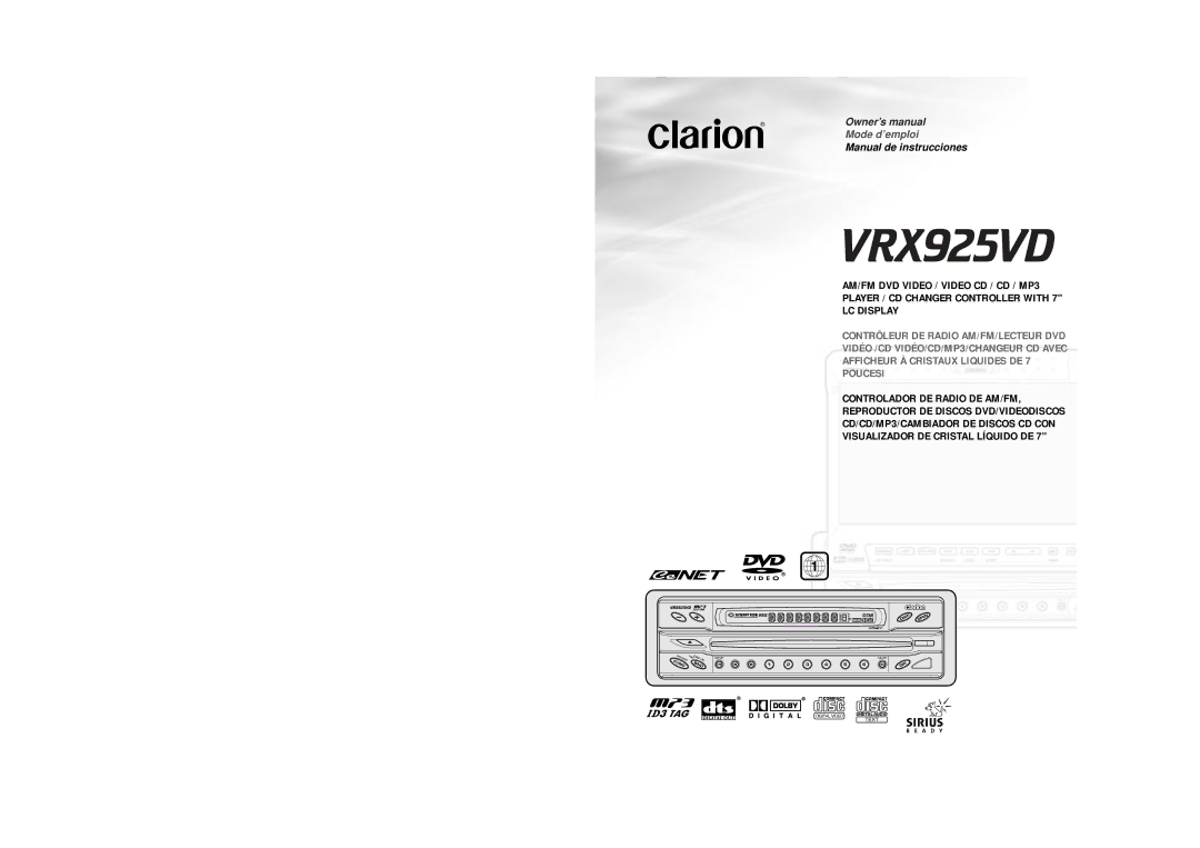 Clarion VRX925VD owner manual AM/FM DVD Video / Video CD / CD / MP3 