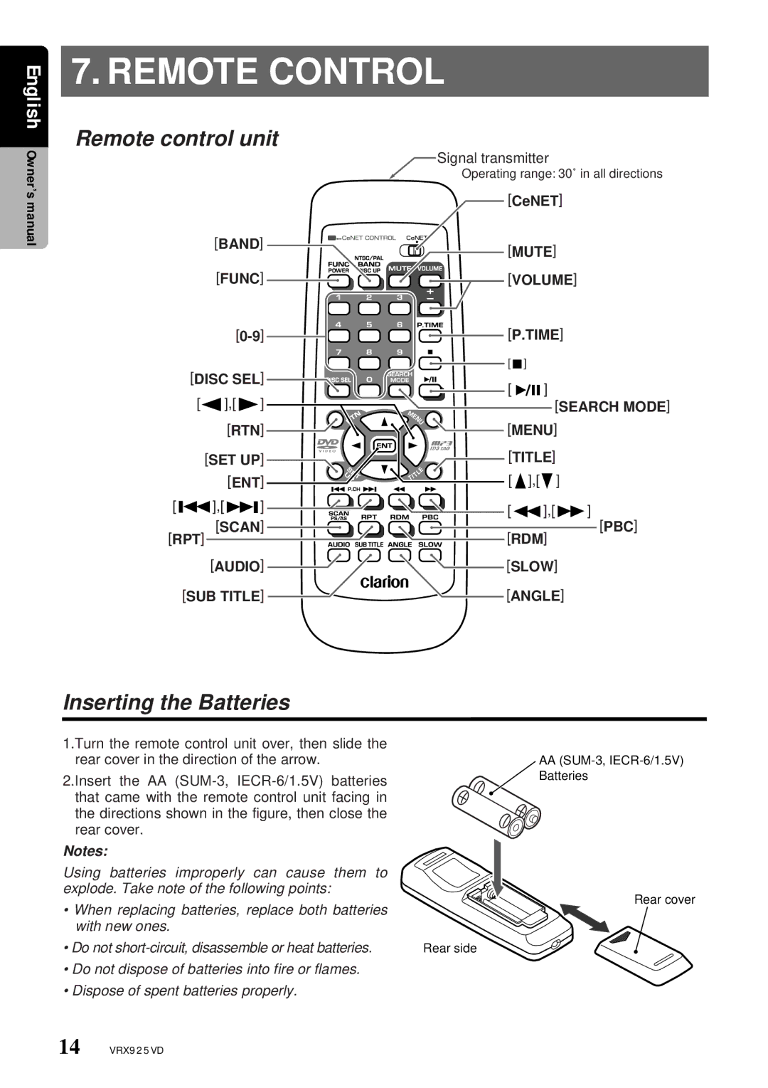 Clarion VRX925VD owner manual Remote control unit, Inserting the Batteries 