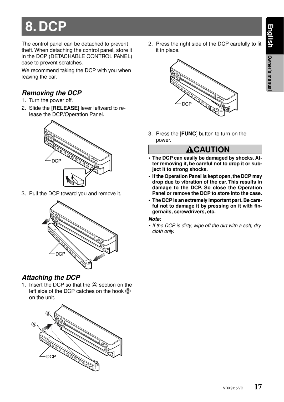 Clarion VRX925VD owner manual Removing the DCP, Attaching the DCP 