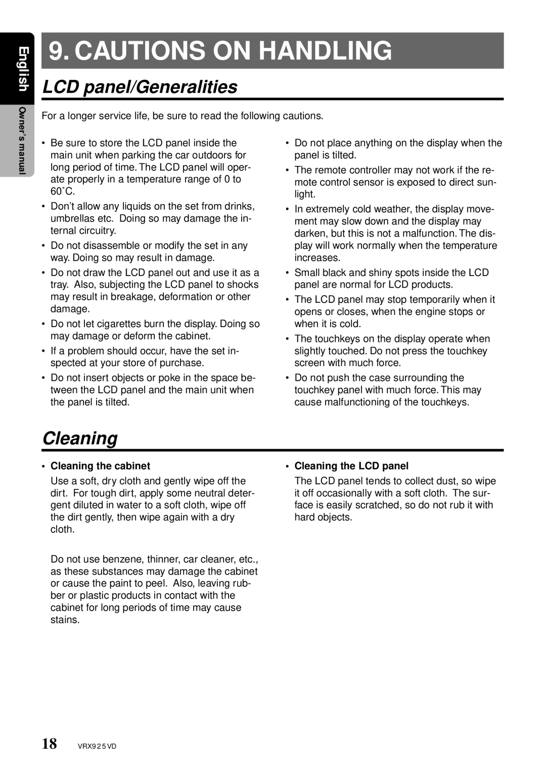 Clarion VRX925VD owner manual LCD panel/Generalities, Cleaning the cabinet Cleaning the LCD panel 