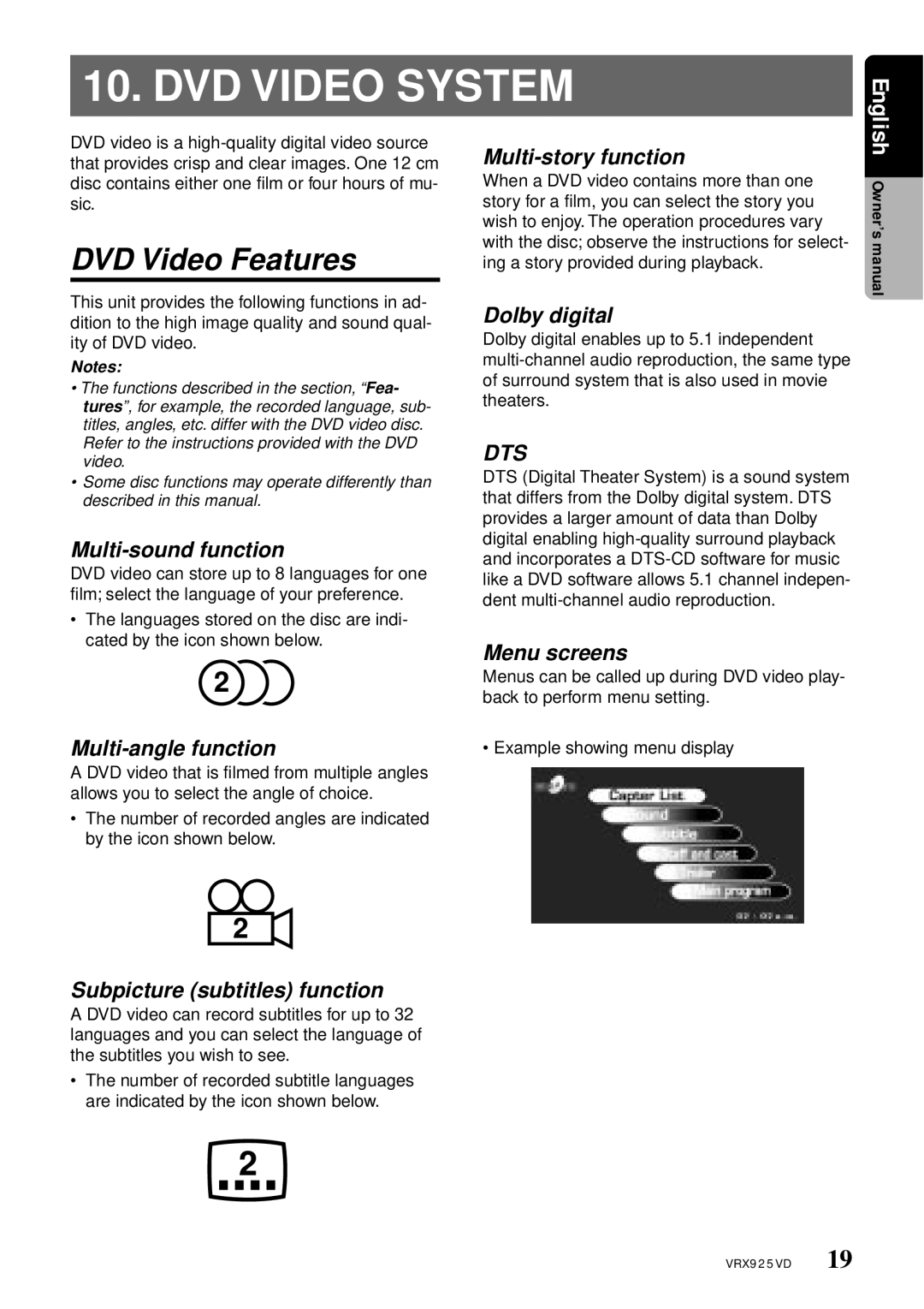 Clarion VRX925VD owner manual DVD Video Features 