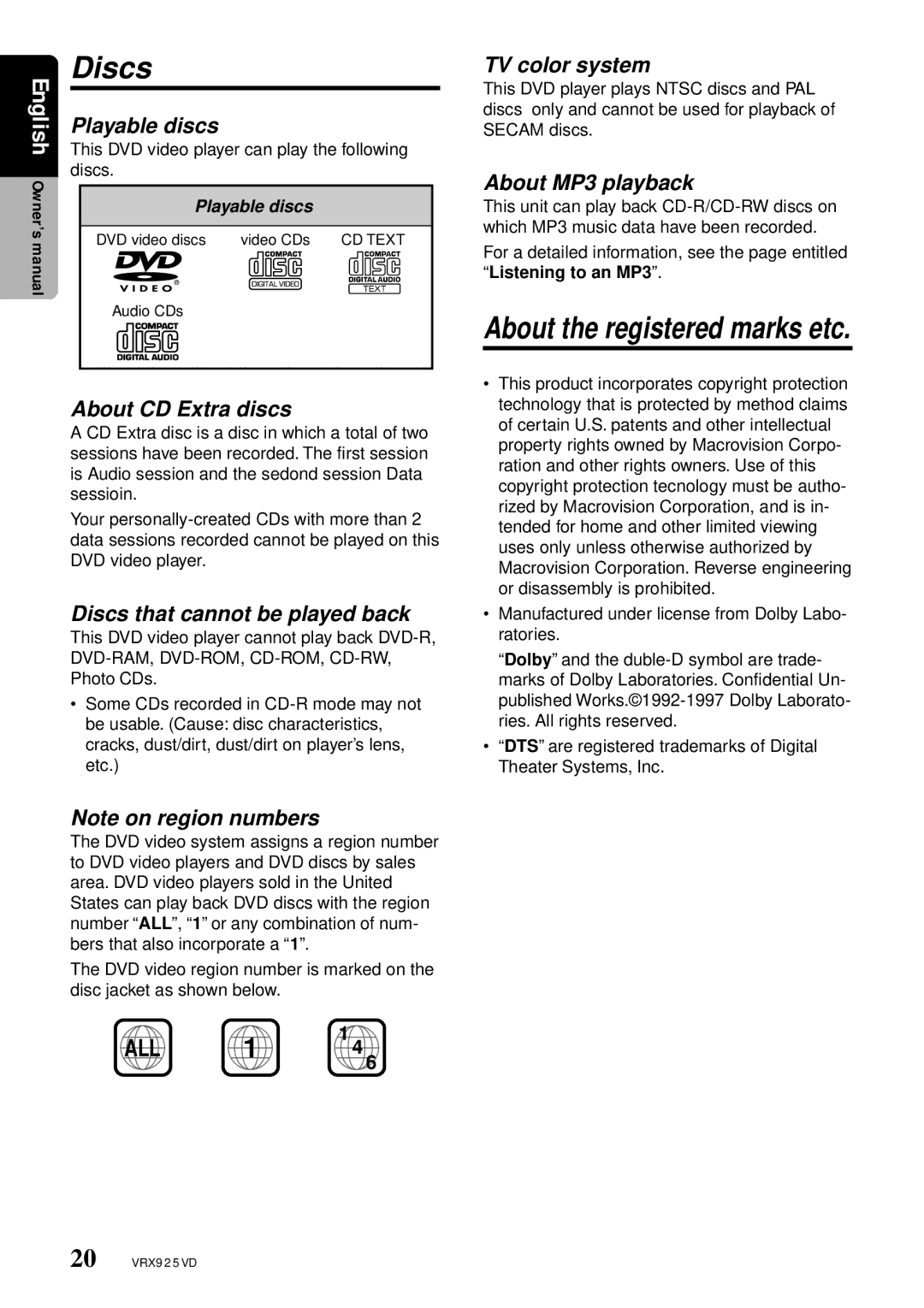 Clarion VRX925VD owner manual Discs 