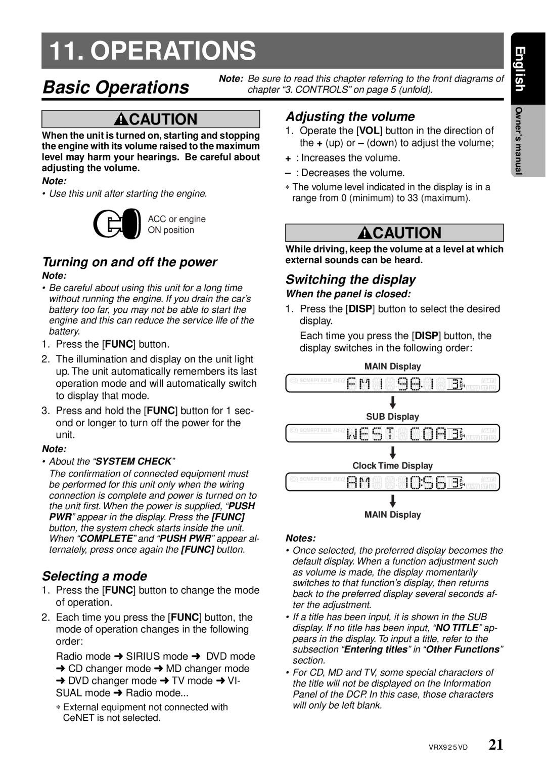 Clarion VRX925VD owner manual Basic Operations, Turning on and off the power, Selecting a mode, Adjusting the volume 