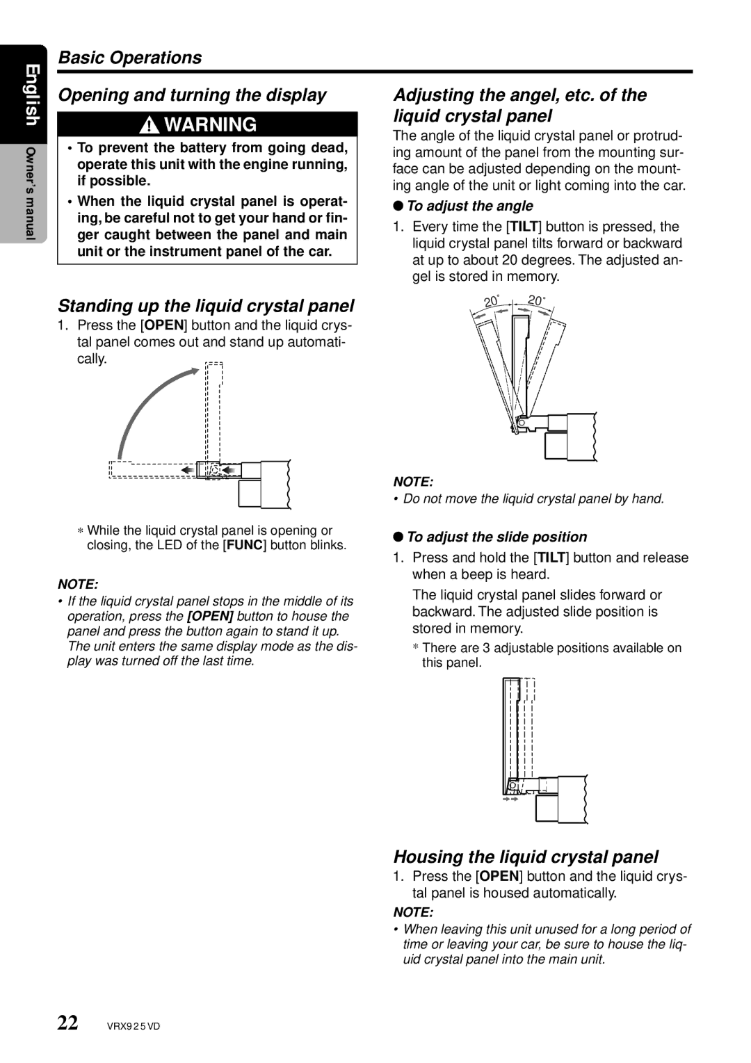 Clarion VRX925VD owner manual Basic Operations, Opening and turning the display, Standing up the liquid crystal panel 