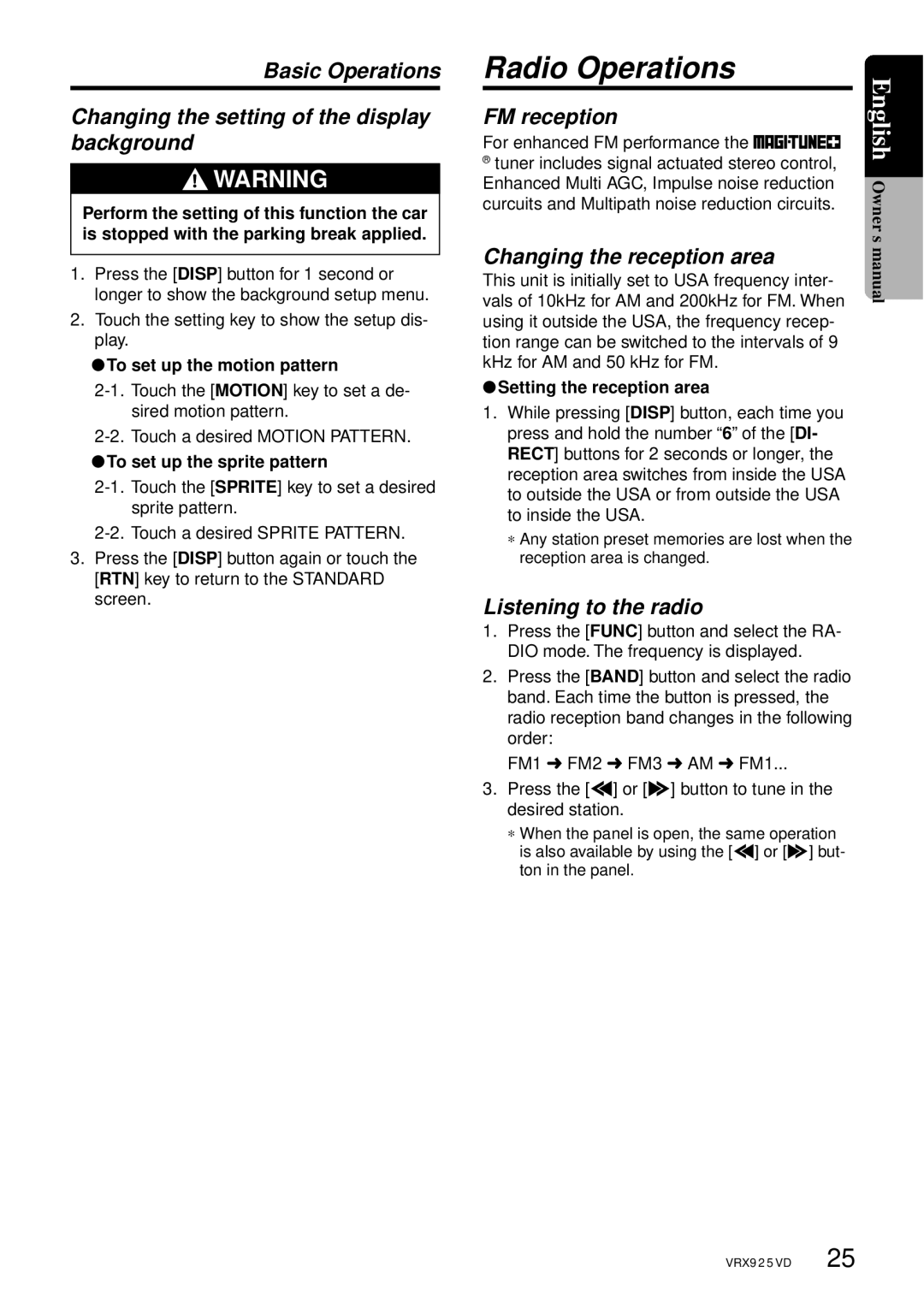 Clarion VRX925VD owner manual Radio Operations, FM reception, Changing the reception area, Listening to the radio 