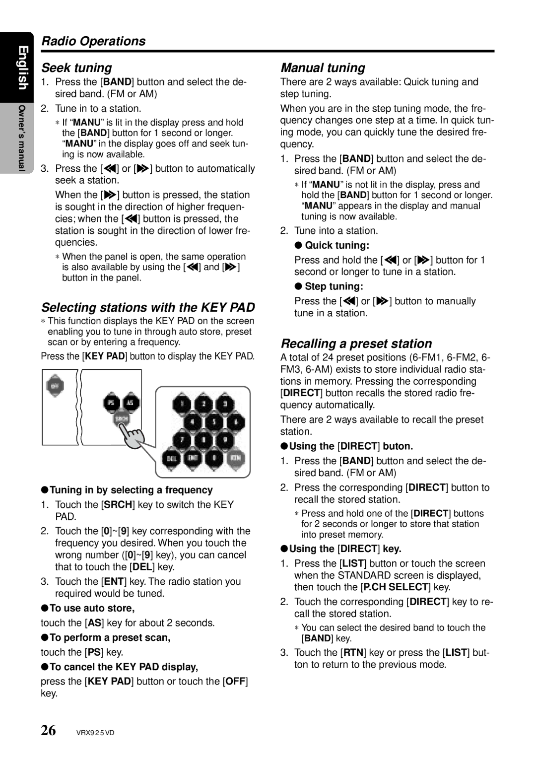 Clarion VRX925VD owner manual Radio Operations Seek tuning, Selecting stations with the KEY PAD, Recalling a preset station 