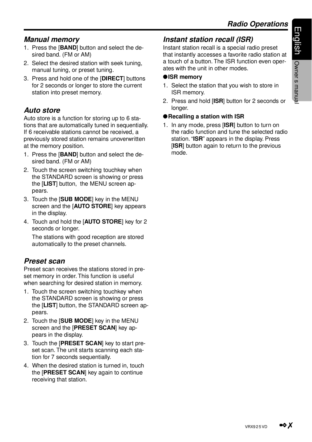 Clarion VRX925VD Radio Operations Manual memory Instant station recall ISR, Auto store, Preset scan, ISR memory 