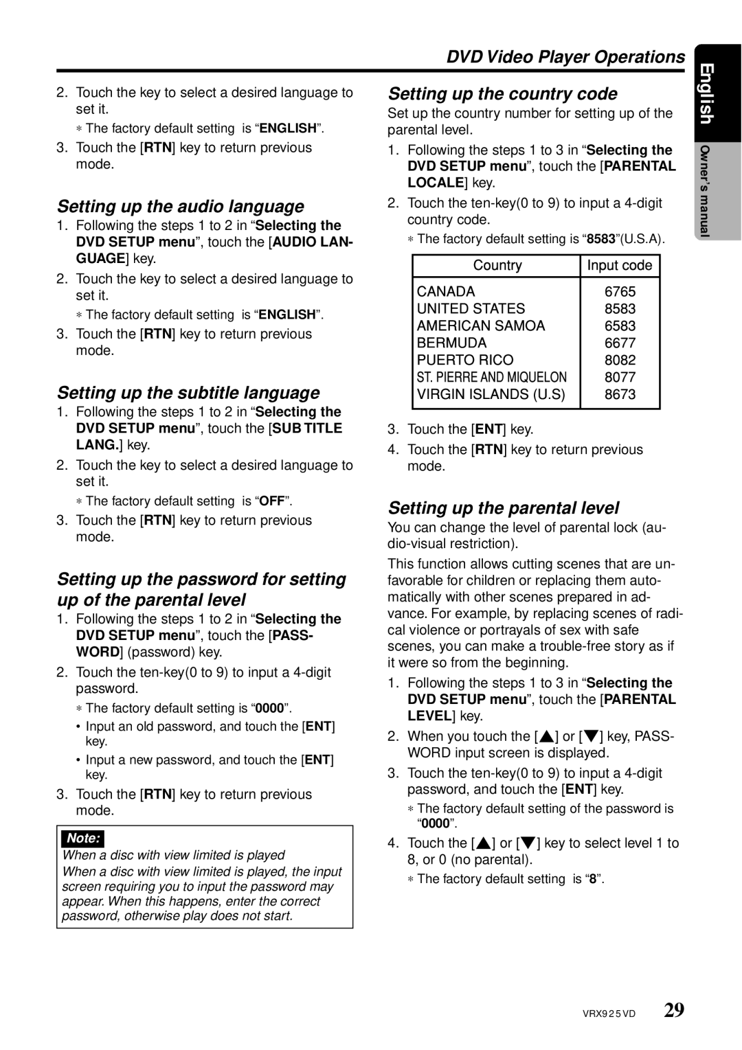 Clarion VRX925VD owner manual DVD Video Player Operations, Setting up the country code, Setting up the audio language 