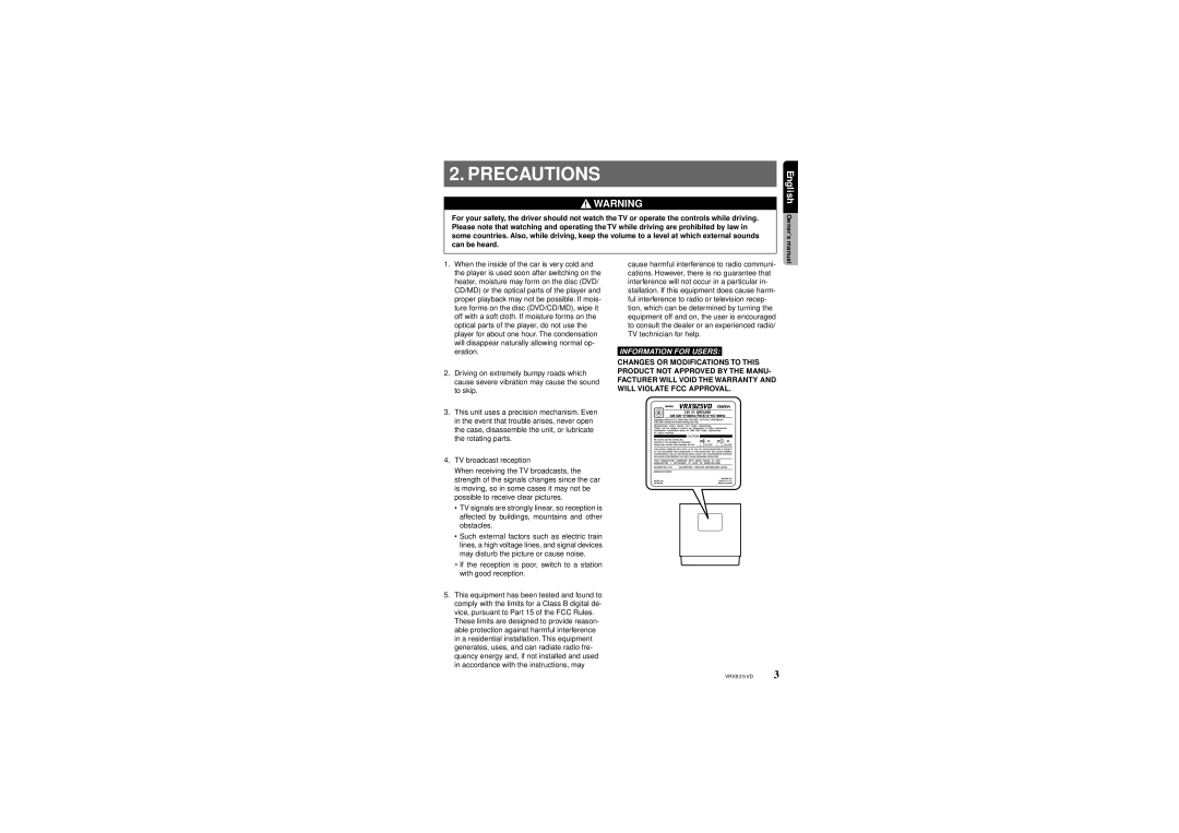 Clarion VRX925VD owner manual Precautions 