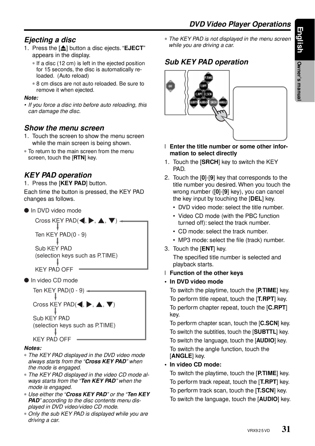 Clarion VRX925VD owner manual Ejecting a disc, Show the menu screen, Sub KEY PAD operation 