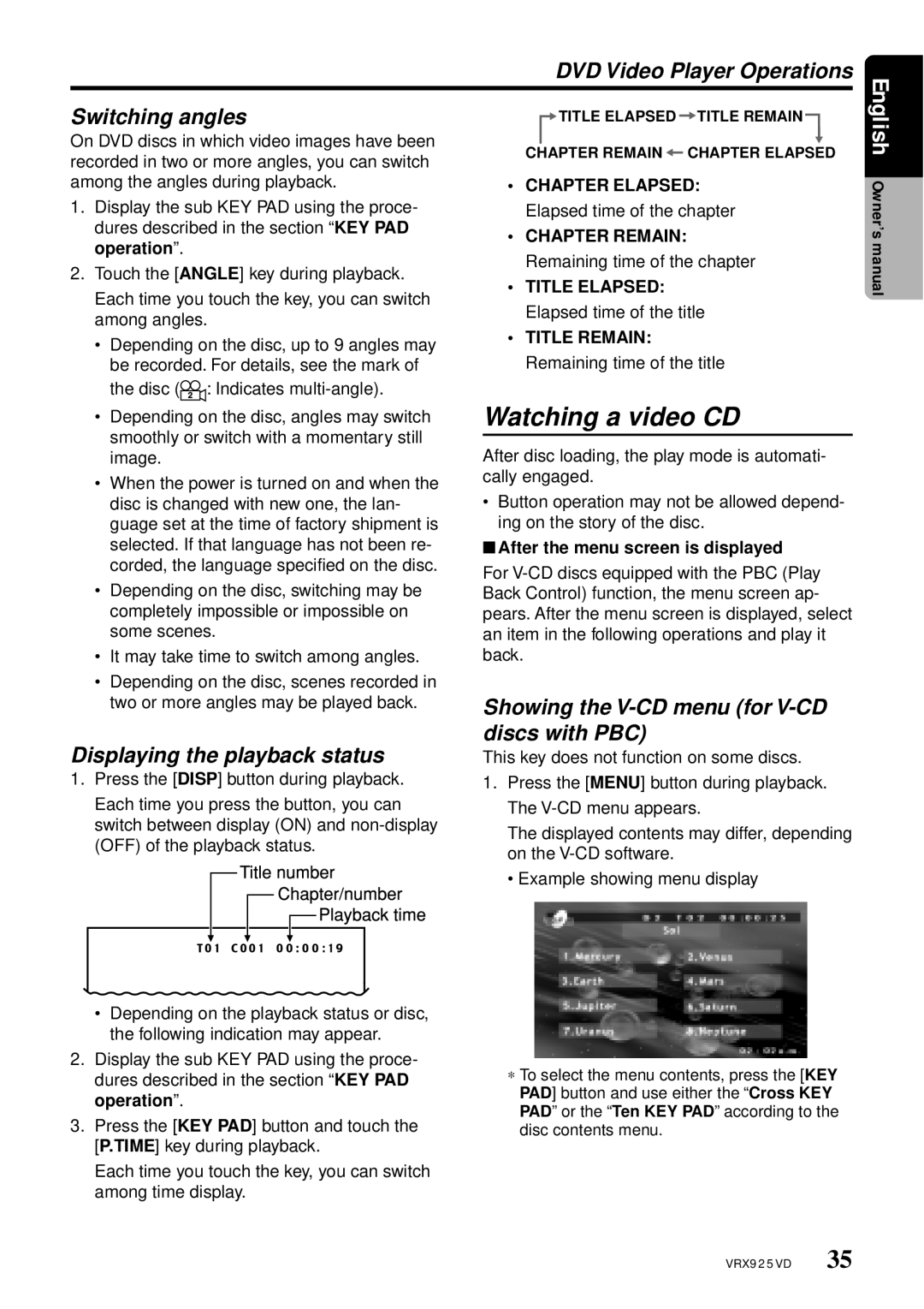 Clarion VRX925VD Watching a video CD, DVD Video Player Operations Switching angles, Displaying the playback status 