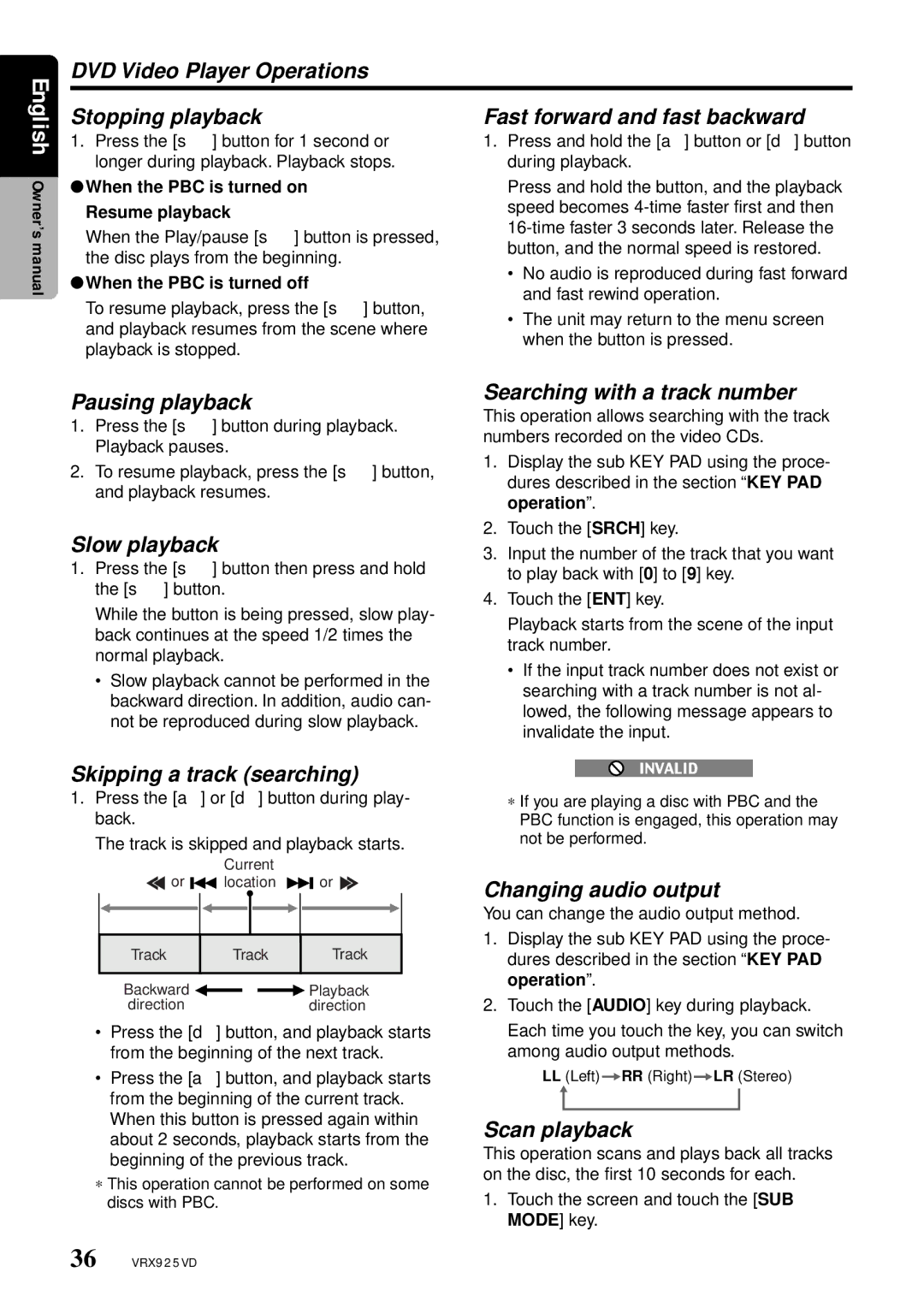 Clarion VRX925VD owner manual Skipping a track searching, Searching with a track number, Changing audio output 