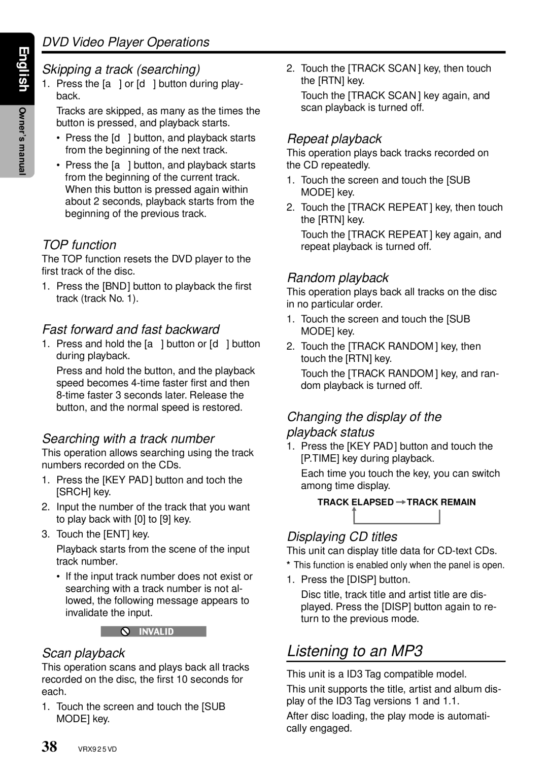 Clarion VRX925VD owner manual Listening to an MP3, DVD Video Player Operations Skipping a track searching, Random playback 