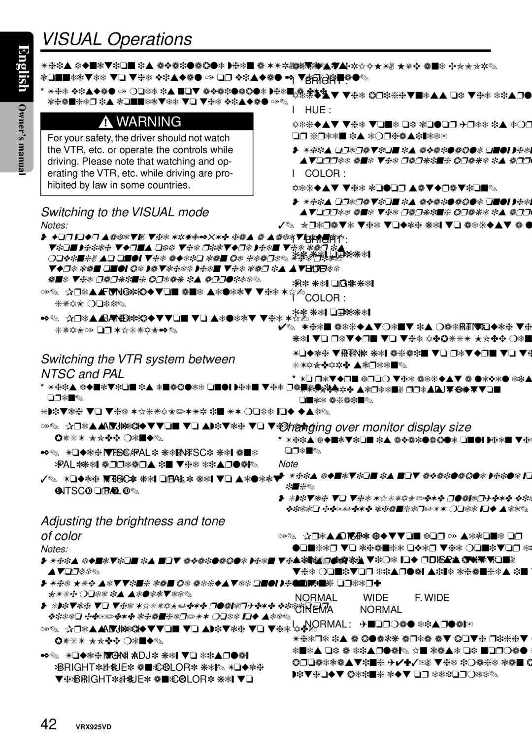 Clarion VRX925VD Visual Operations, Switching to the Visual mode, Switching the VTR system between Ntsc and PAL 