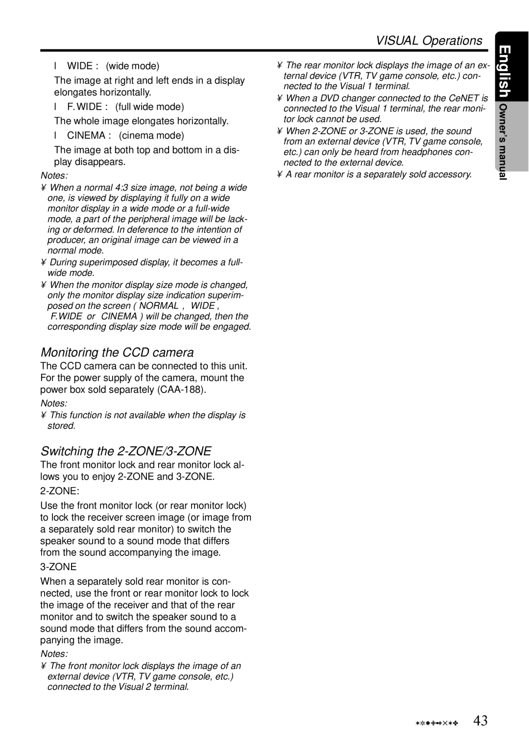 Clarion VRX925VD owner manual Visual Operations, Monitoring the CCD camera, Switching the 2-ZONE/3-ZONE, Zone 