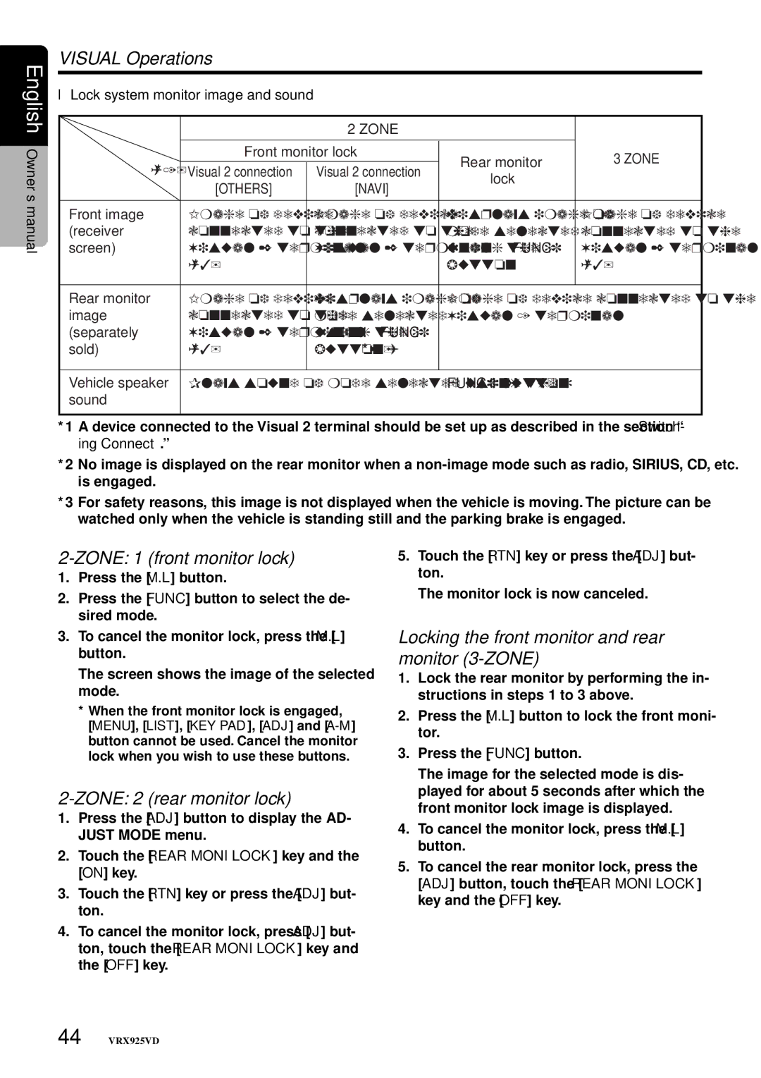 Clarion VRX925VD Zone 1 front monitor lock, Zone 2 rear monitor lock, Locking the front monitor and rear monitor 3-ZONE 