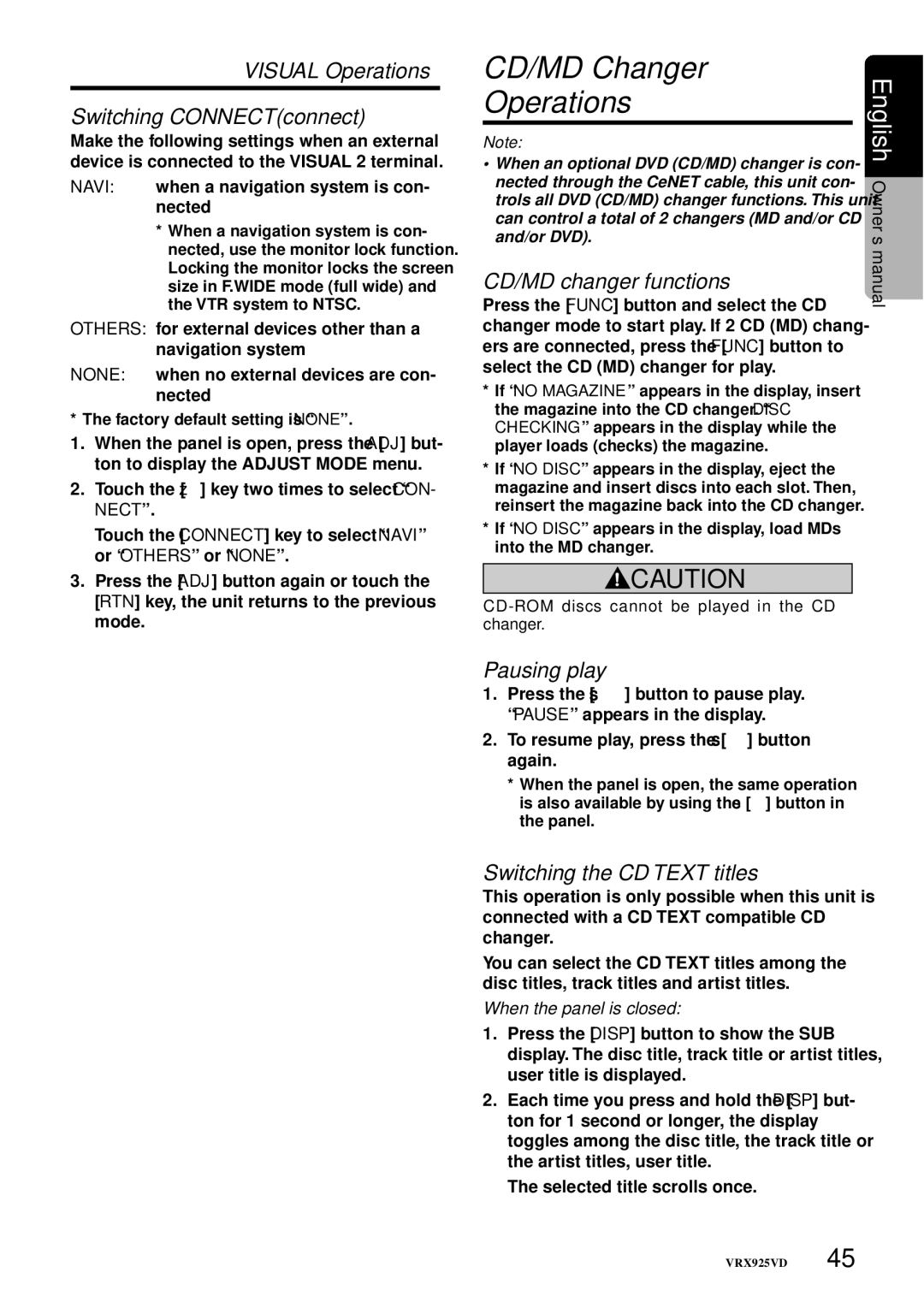 Clarion VRX925VD owner manual CD/MD Changer Operations, Visual Operations Switching CONNECTconnect, CD/MD changer functions 