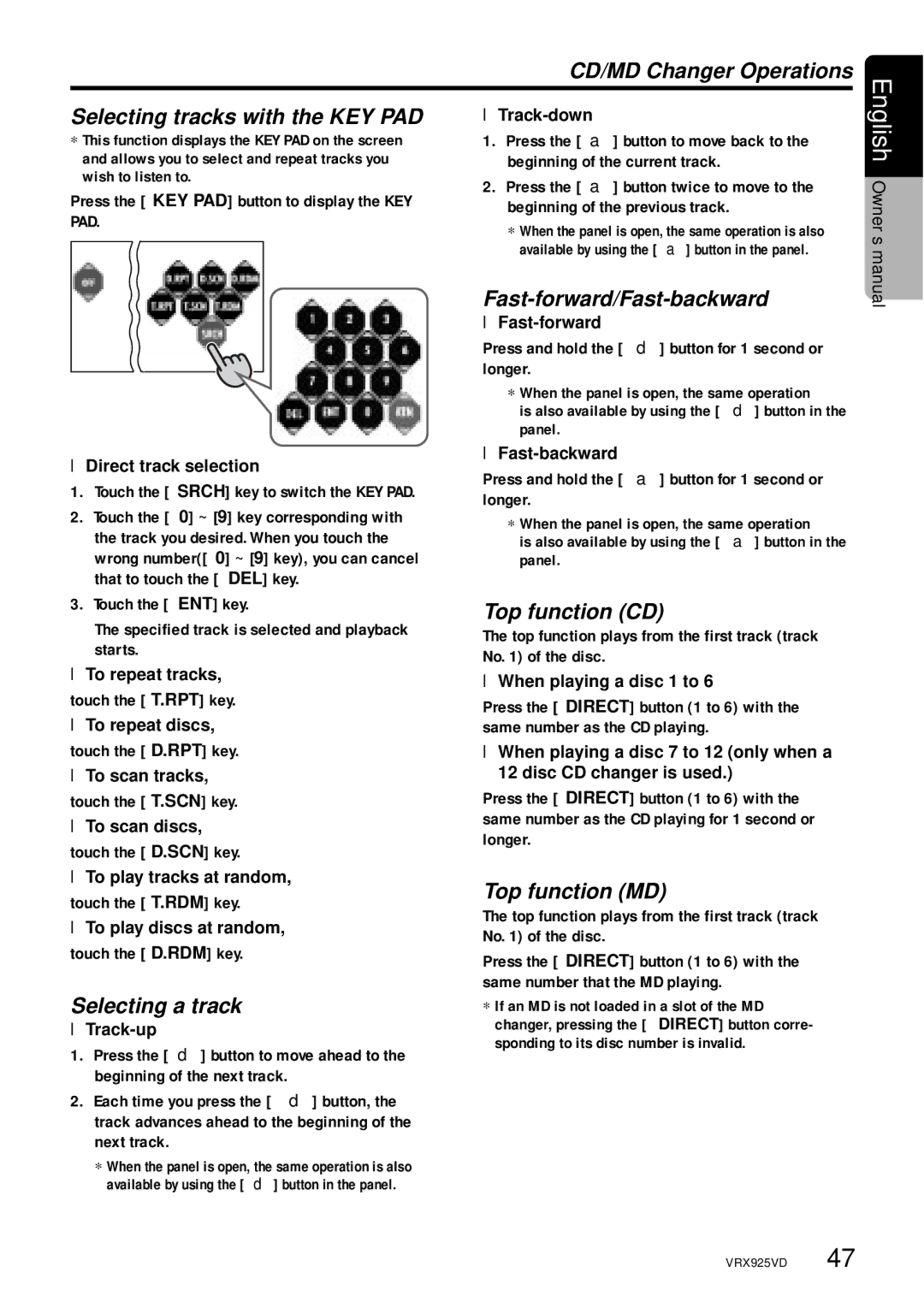 Clarion VRX925VD CD/MD Changer Operations Selecting tracks with the KEY PAD, Fast-forward/Fast-backward, Selecting a track 