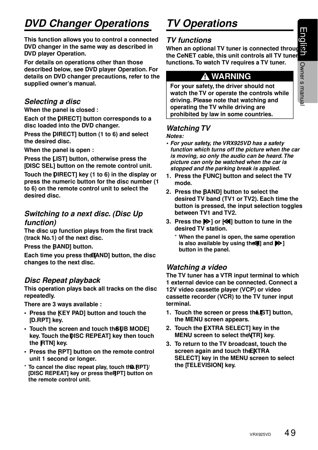 Clarion VRX925VD owner manual DVD Changer Operations, TV Operations 