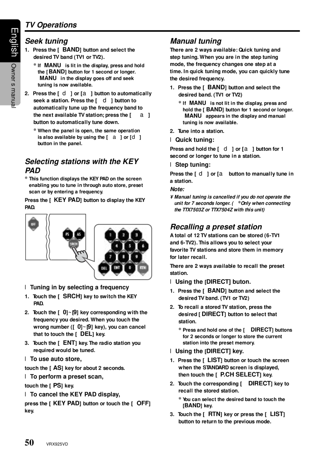 Clarion VRX925VD owner manual TV Operations Seek tuning, Press the d or abutton to manually tune in a station 