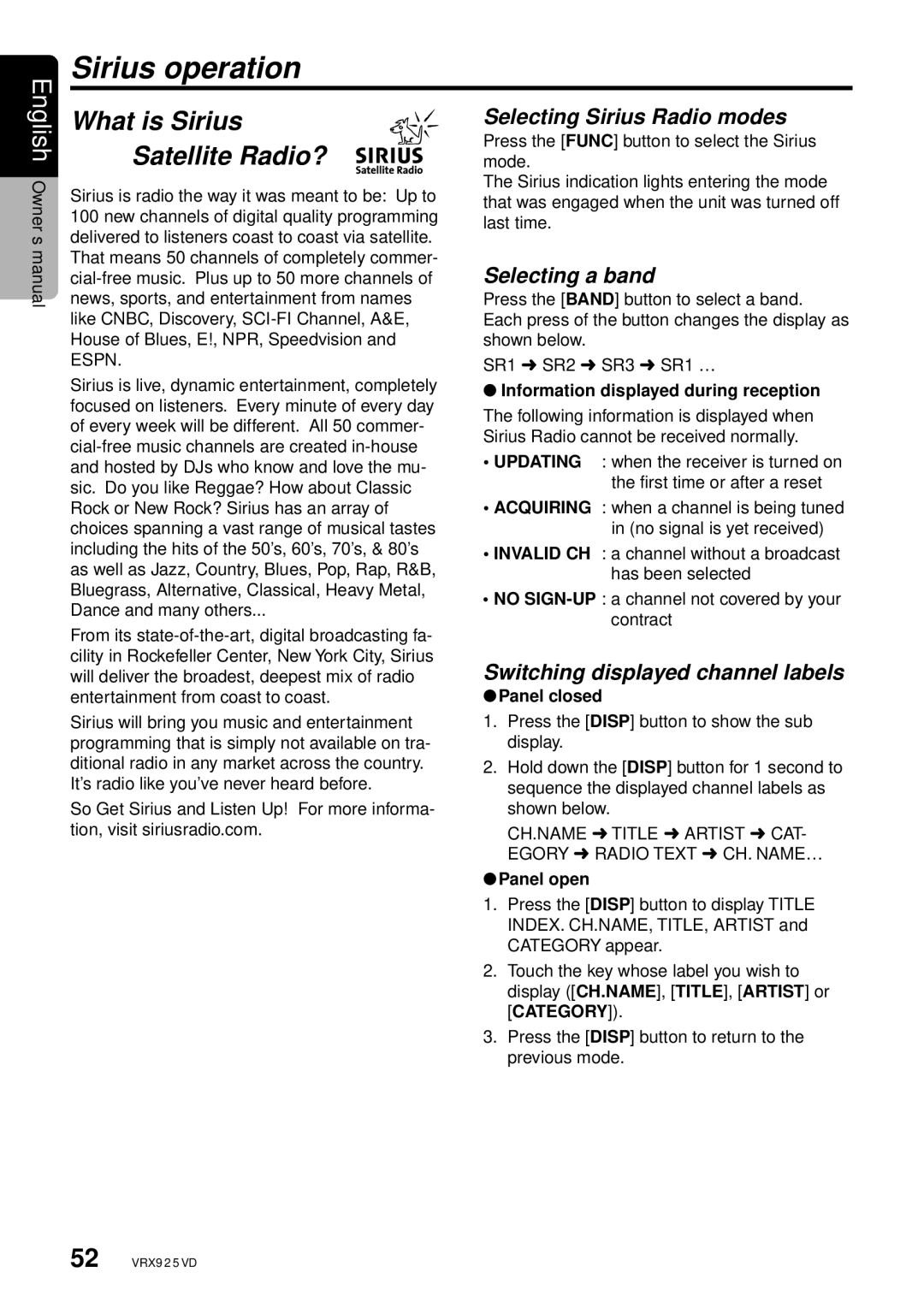 Clarion VRX925VD Sirius operation, What is Sirius Satellite Radio?, Selecting Sirius Radio modes, Selecting a band 