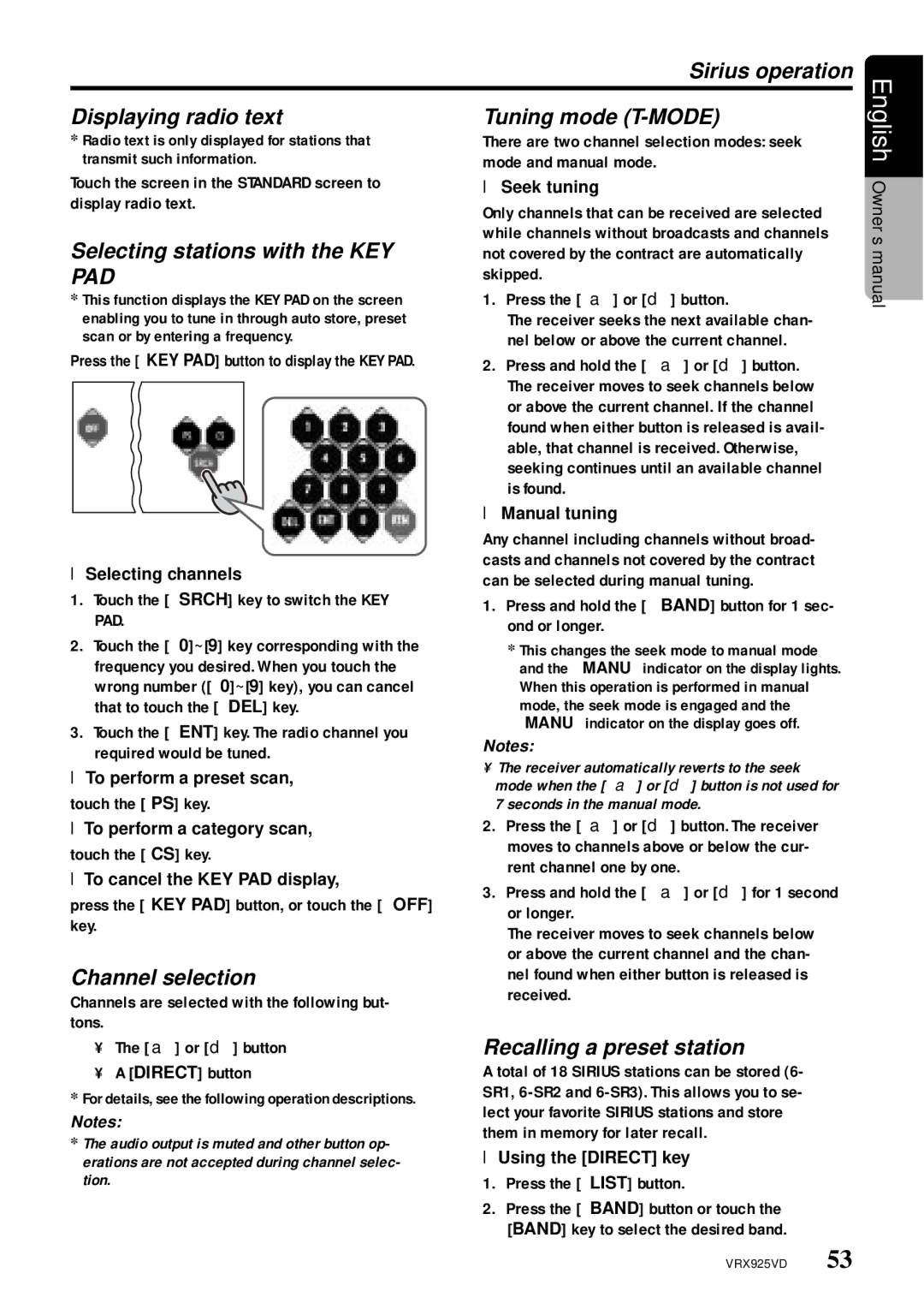 Clarion VRX925VD Sirius operation Displaying radio text, Channel selection, Seek tuning, Selecting channels, Manual tuning 