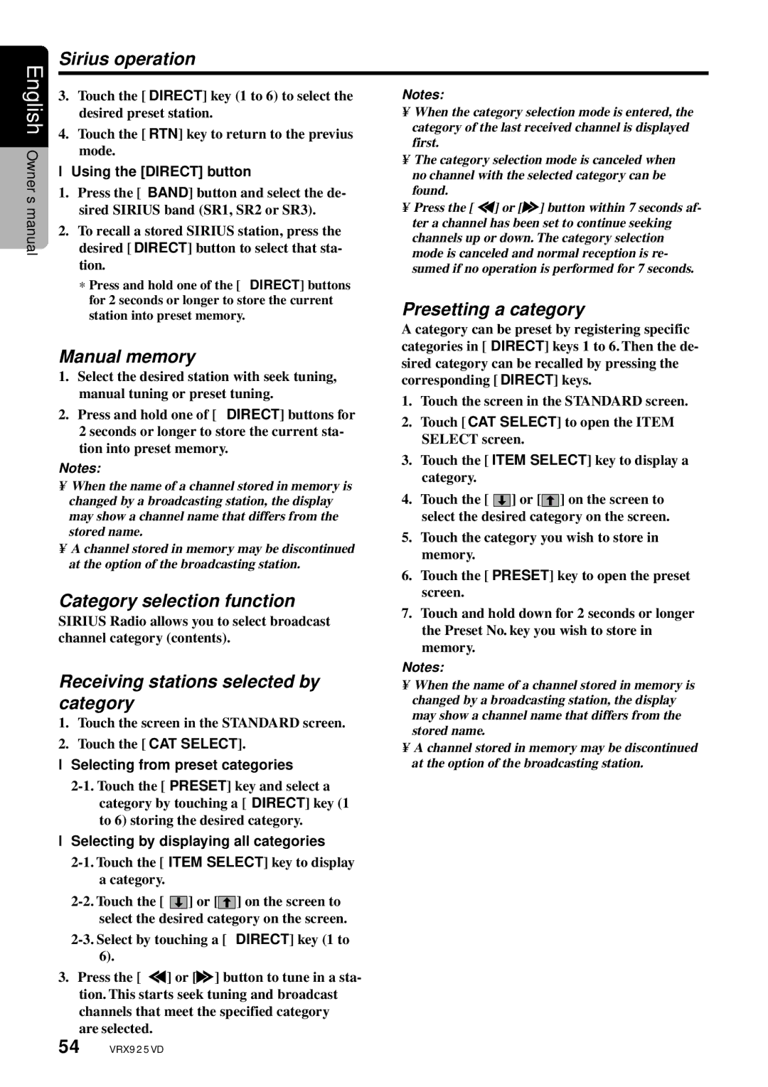 Clarion VRX925VD owner manual Sirius operation, Category selection function, Receiving stations selected by category 