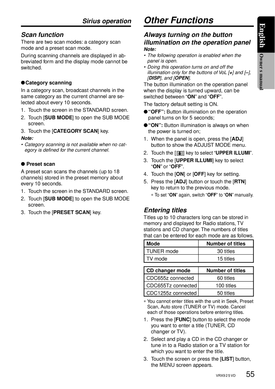 Clarion VRX925VD owner manual Other Functions, Sirius operation Scan function, Entering titles 