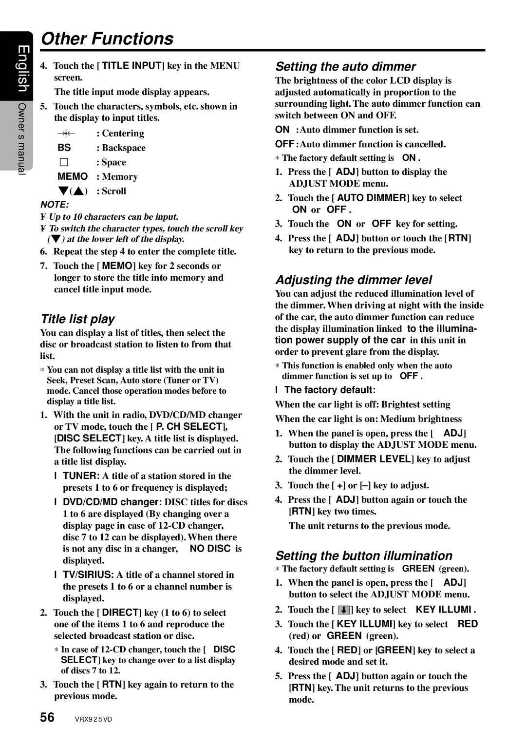 Clarion VRX925VD Title list play, Setting the auto dimmer, Adjusting the dimmer level, Setting the button illumination 