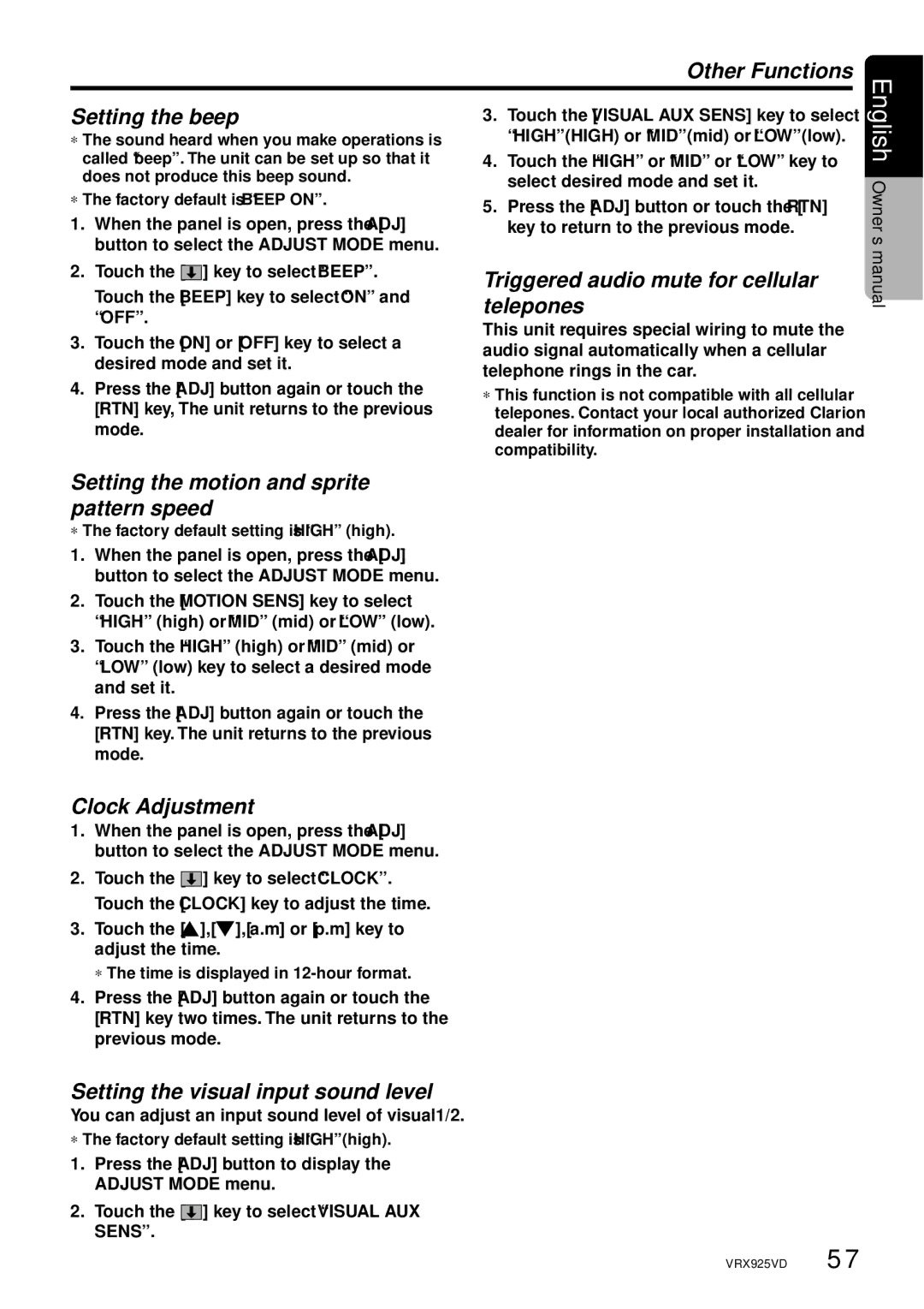 Clarion VRX925VD Other Functions Setting the beep, Triggered audio mute for cellular telepones, Clock Adjustment 