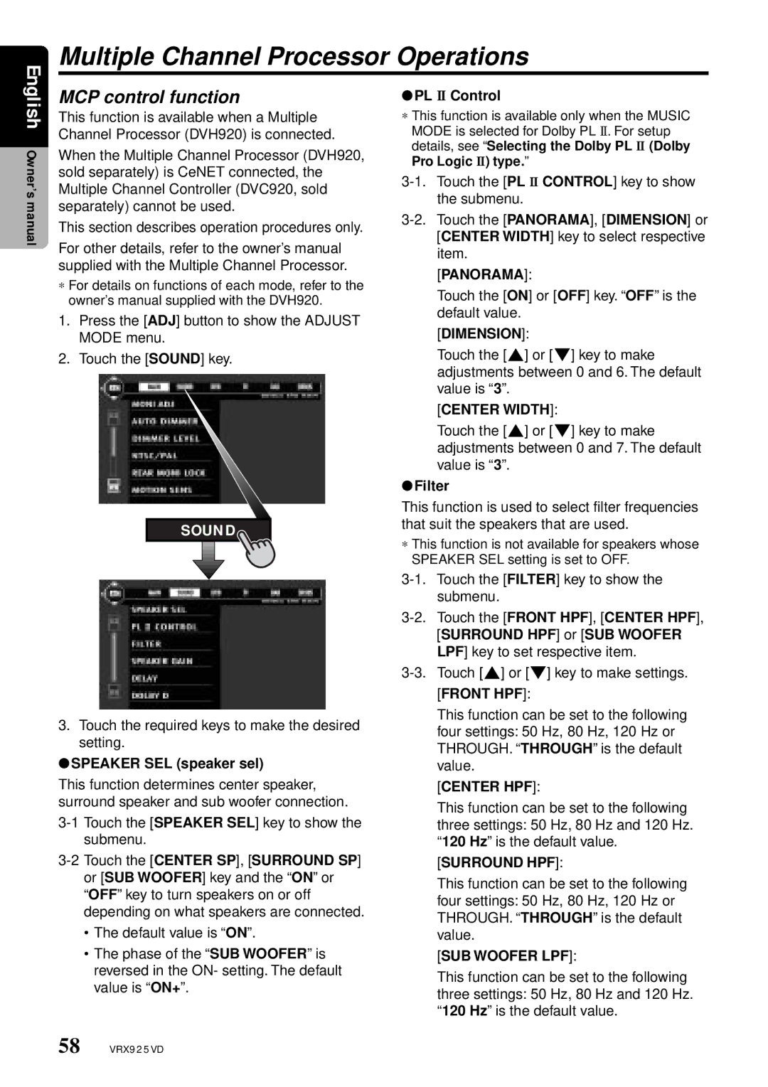 Clarion VRX925VD owner manual Multiple Channel Processor Operations, MCP control function 