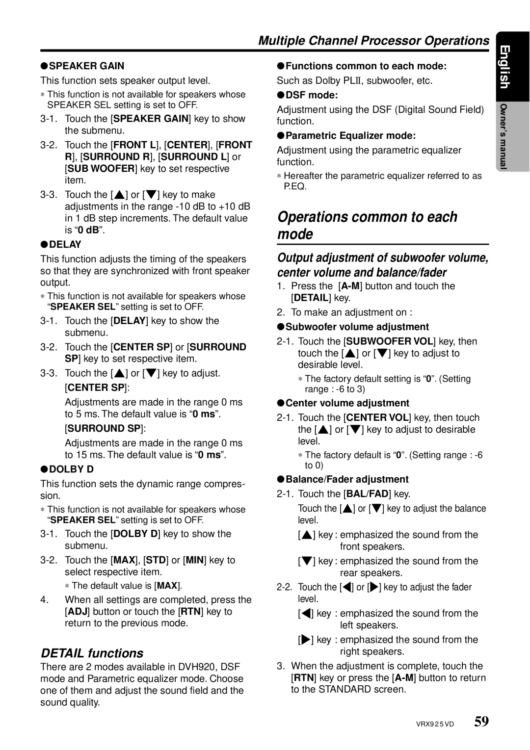 Clarion VRX925VD owner manual Operations common to each mode, Multiple Channel Processor Operations, Detail functions 