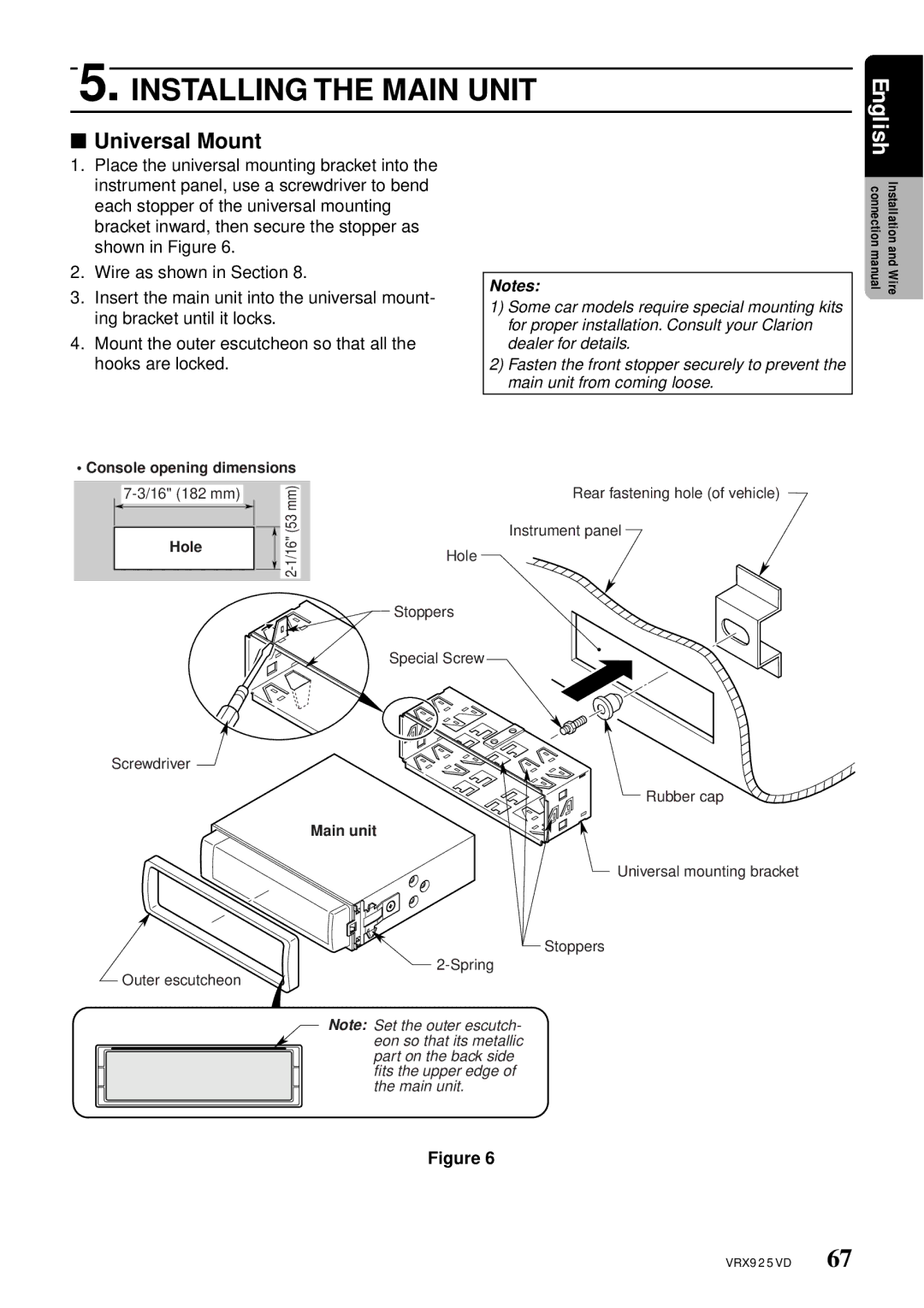 Clarion VRX925VD owner manual Installing the Main Unit 