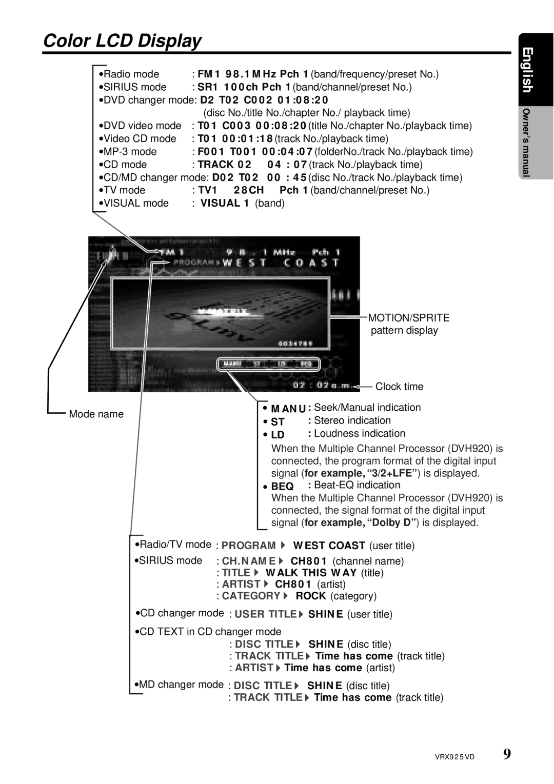 Clarion VRX925VD owner manual Color LCD Display, Visual 1 band 