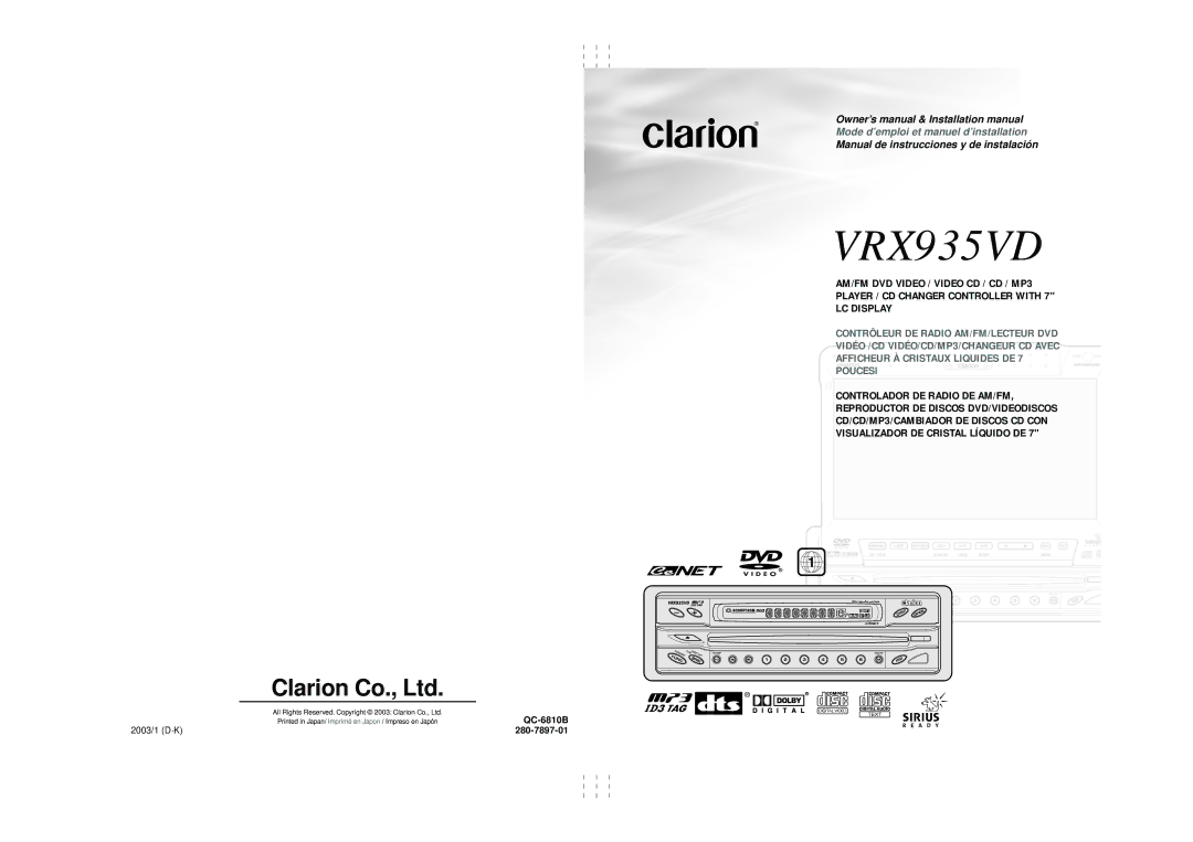 Clarion VRX935VD manual 