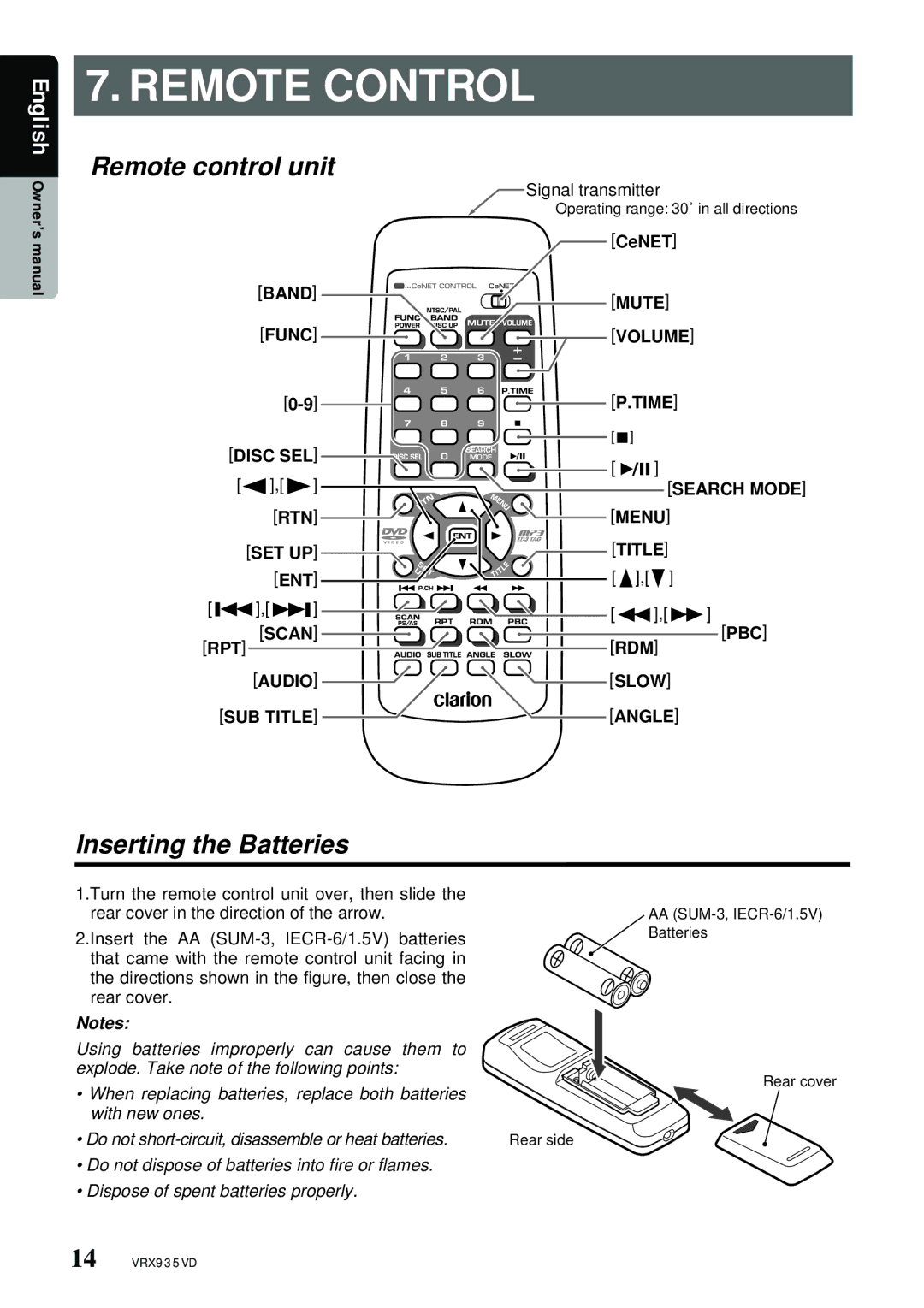 Clarion VRX935VD manual Remote control unit, Inserting the Batteries 