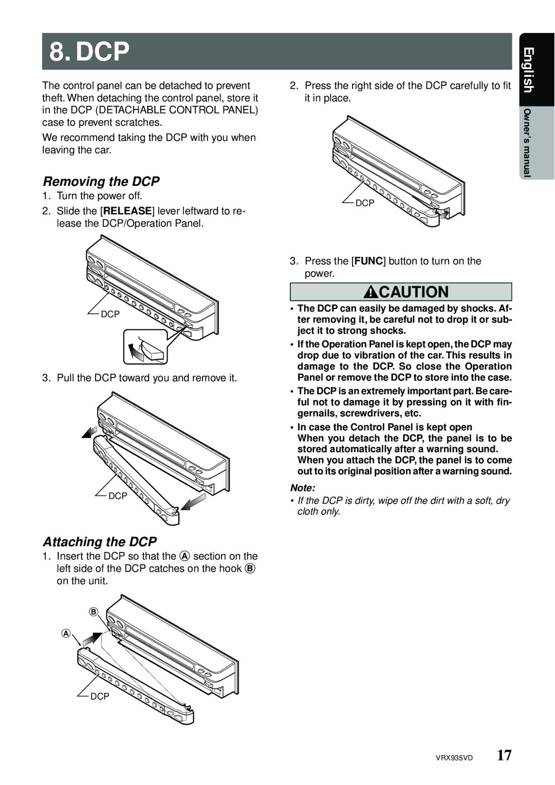 Clarion VRX935VD manual Removing the DCP, Attaching the DCP 