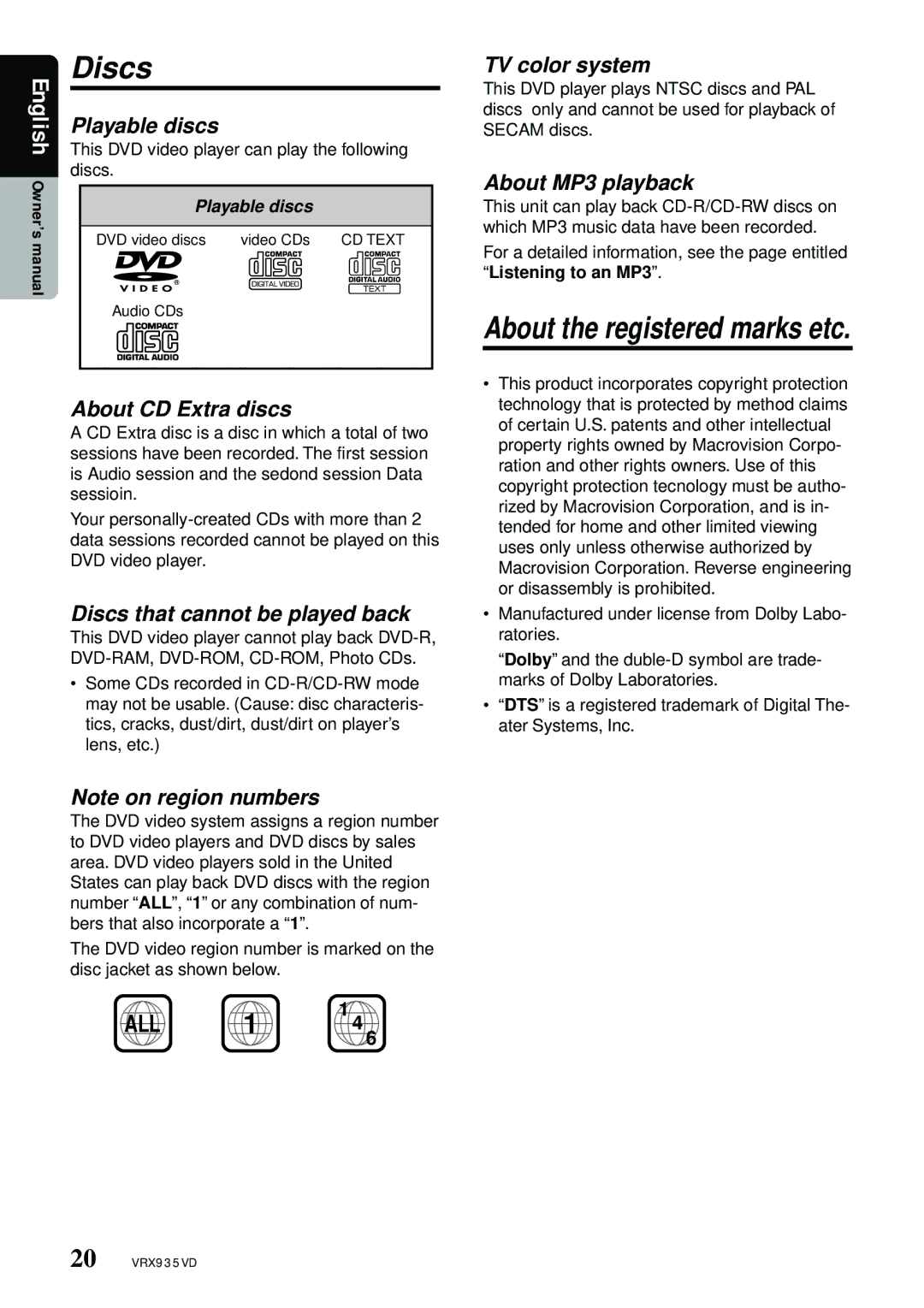 Clarion VRX935VD manual Discs 