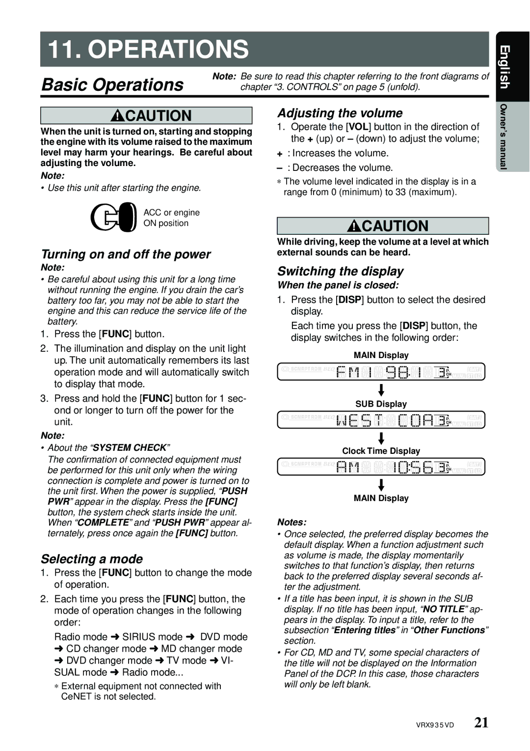 Clarion VRX935VD manual Basic Operations, Turning on and off the power, Selecting a mode, Adjusting the volume 