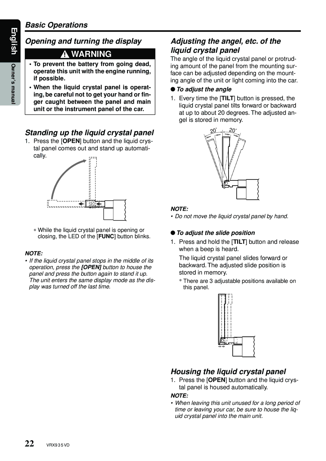 Clarion VRX935VD manual Basic Operations, Opening and turning the display, Standing up the liquid crystal panel 