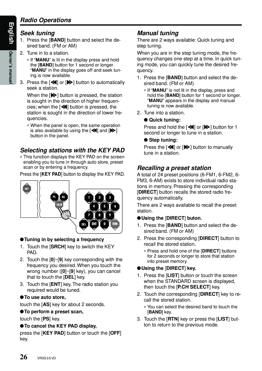 Clarion VRX935VD manual Radio Operations Seek tuning, Selecting stations with the KEY PAD, Recalling a preset station 