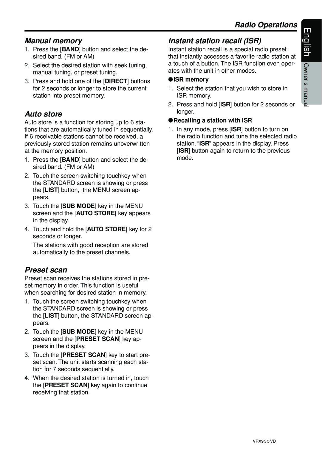 Clarion VRX935VD manual Radio Operations Manual memory Instant station recall ISR, Auto store, Preset scan, ISR memory 