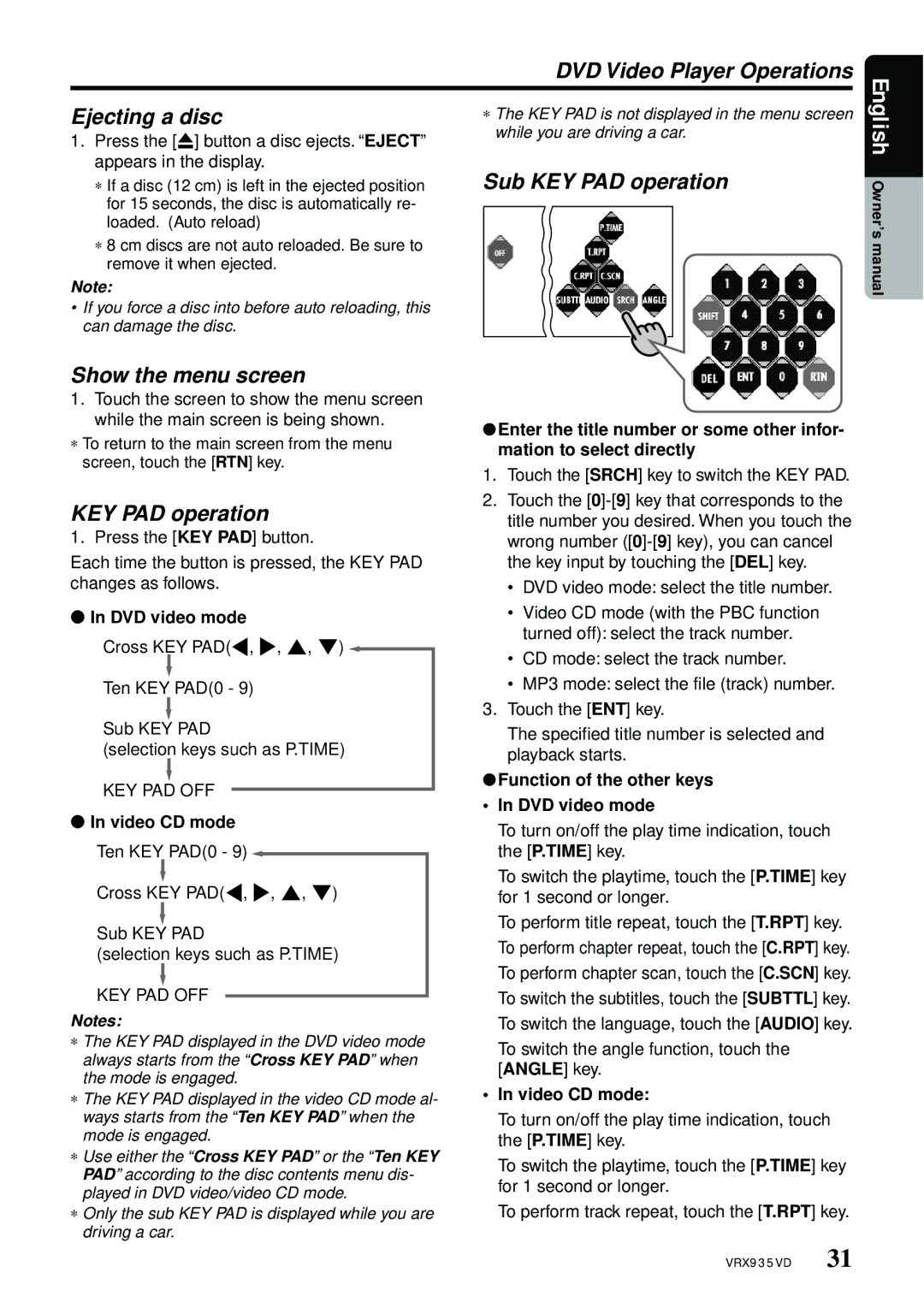 Clarion VRX935VD manual Ejecting a disc, Show the menu screen, Sub KEY PAD operation 