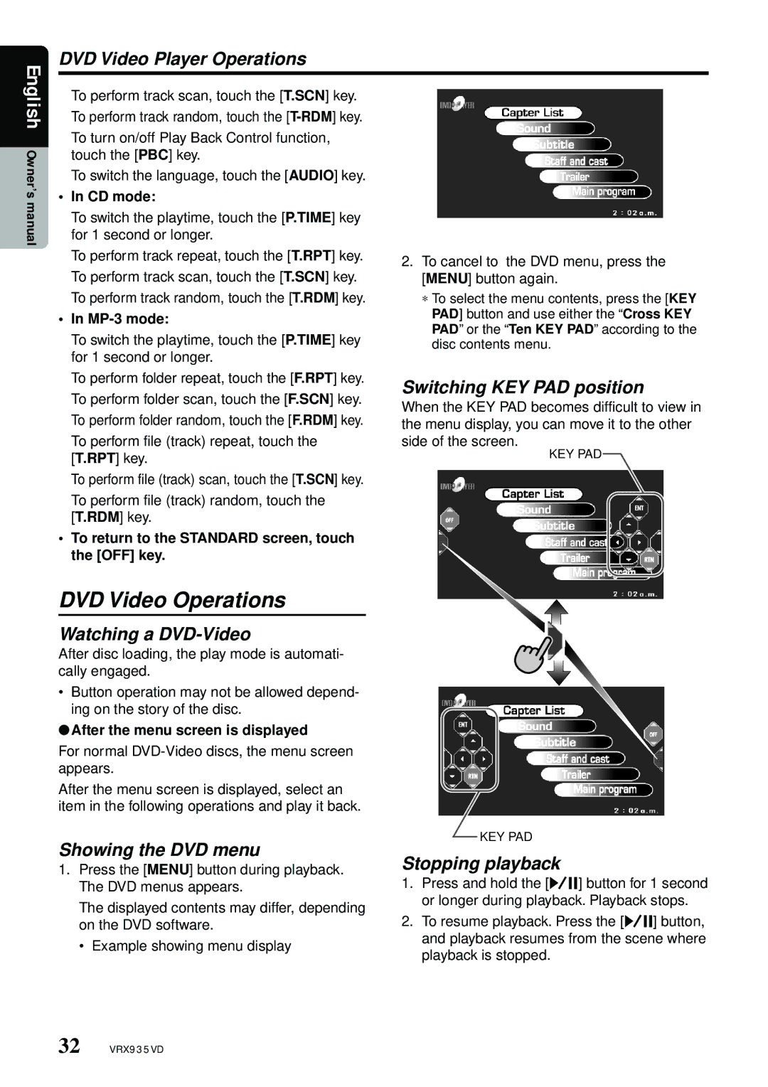 Clarion VRX935VD manual DVD Video Operations, Watching a DVD-Video, Showing the DVD menu, Switching KEY PAD position 